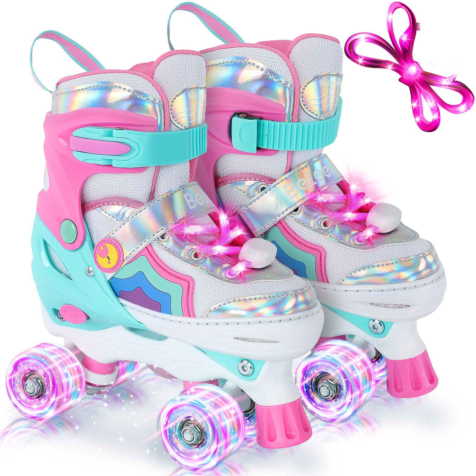 BELEEV Kids Roller Skates for Girls, 4-Size Adjustable Quad Skates with 8 Light-Up LED Wheels & Bonus Shoe Lace, Safe & Fun for Toddlers Children Beginners, Ideal Birthday