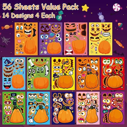 Miniatura 2 de 56 hojas de calcomanías de calabaza de Halloween para niños, 14 diseños diferentes de calabaza, divertidos recuerdos de fiesta de Halloween,