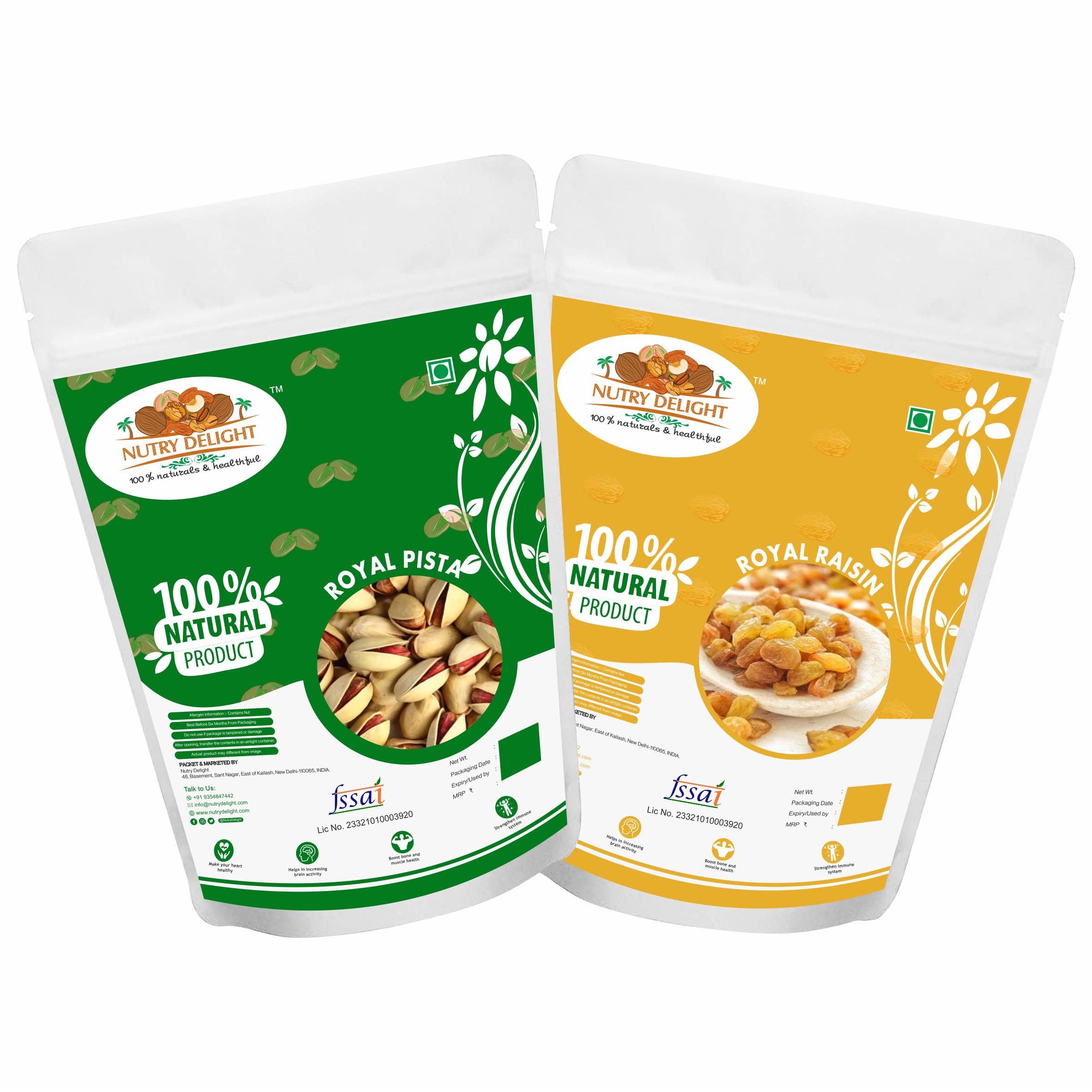 NUTRY DELIGHT Royal Combo Pack of 500 gms Roasted Salted Shelled Pistachio & Hari Kismish (Combo Pack of 2,250 gms Each)