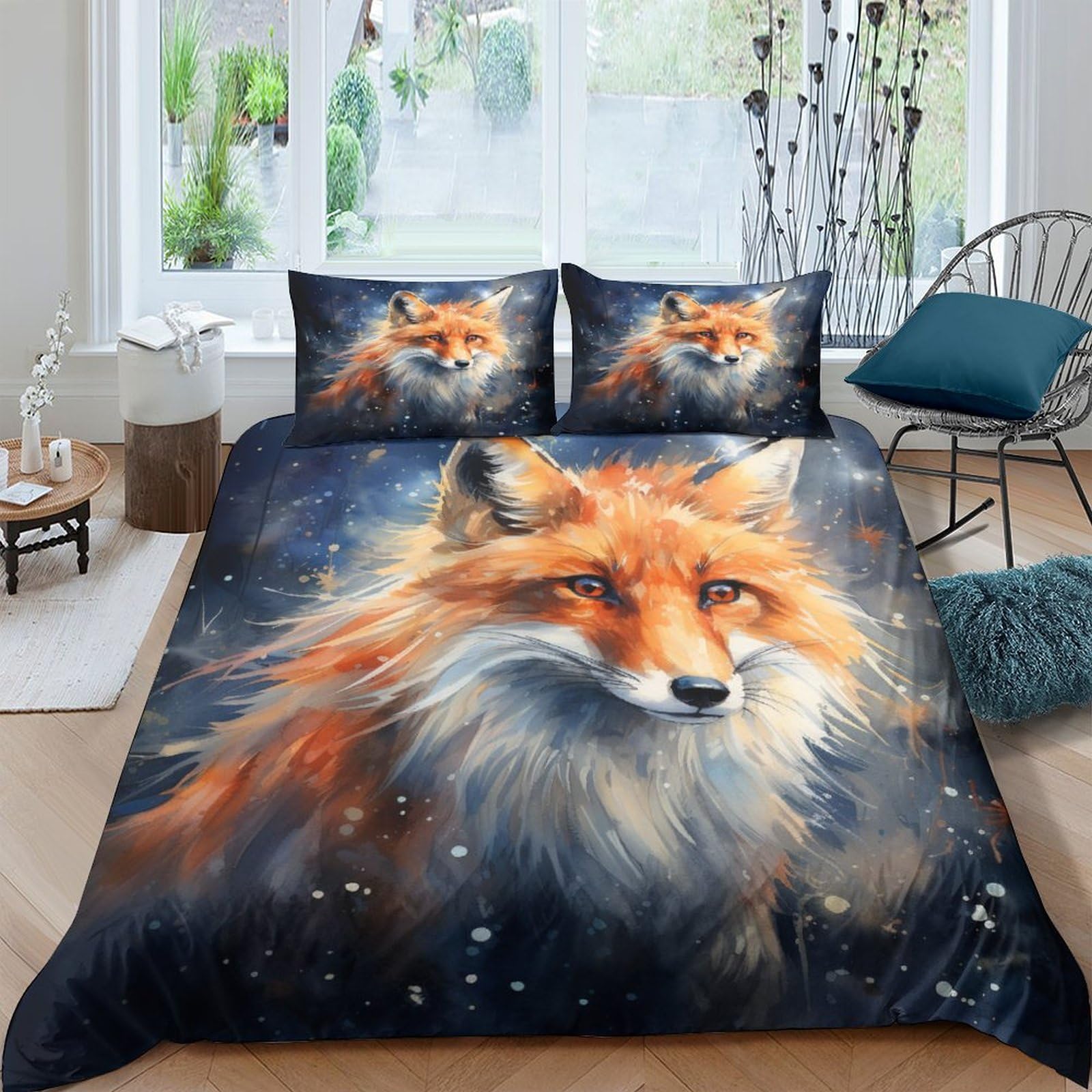 Housse de couette renard 3D 200x200 cm avec 2 taies d'oreiller en microfibre pour lit double