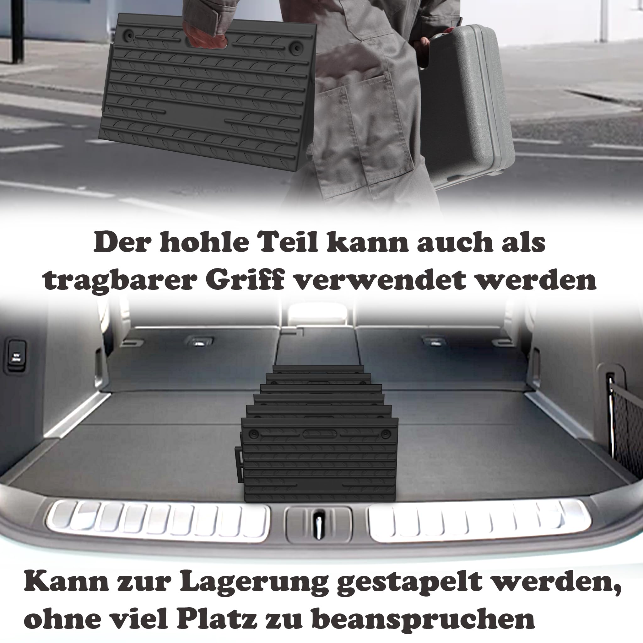 AufuN Bordsteinrampe Gummi Schwarz, 2 Stück, 53x32x10 cm, 2000 kg Tragfähigkeit, Rutschfest, Wetterfest, Entwässerung, Montagemöglichkeit, AF-(HAG8796A)