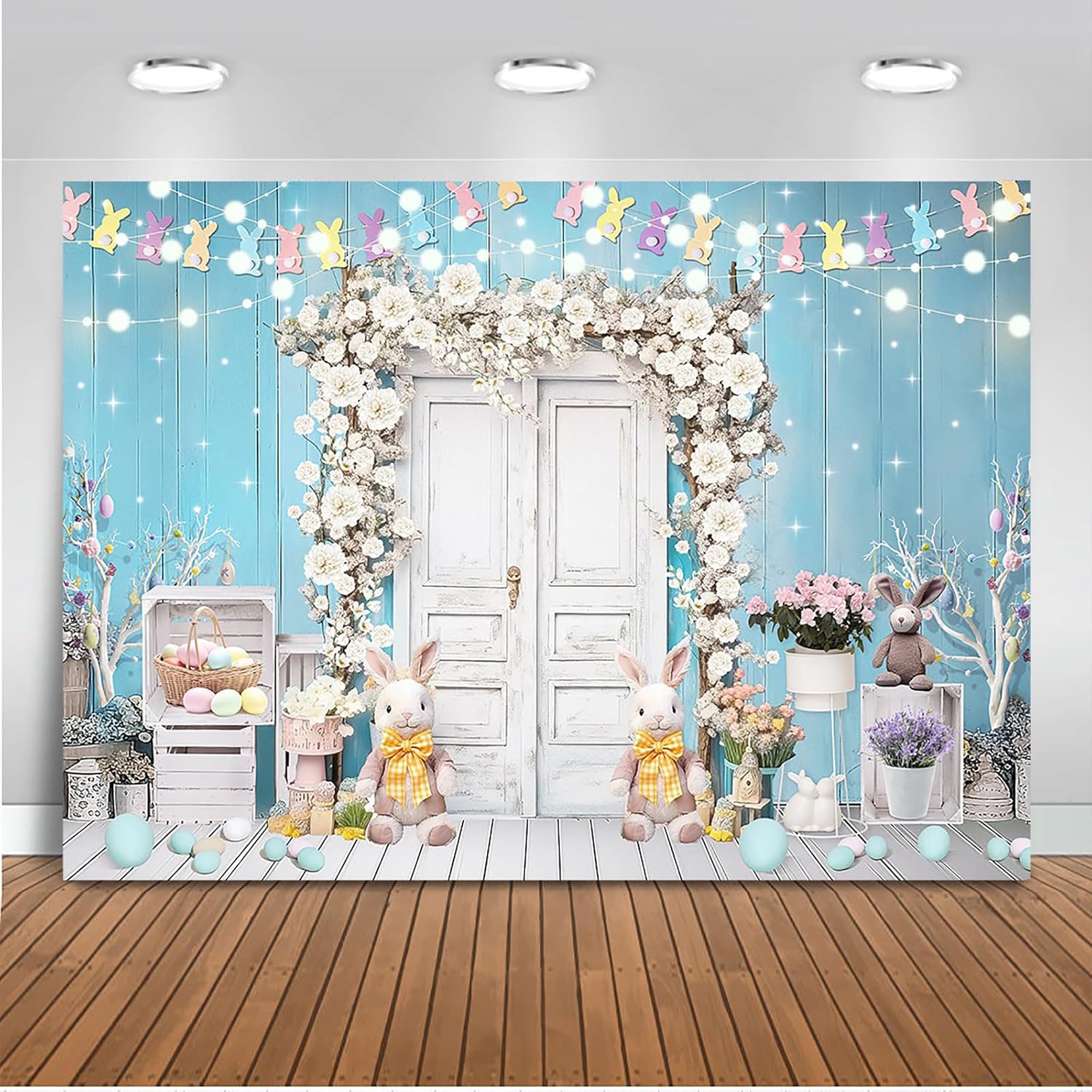 Mocsicka Spring Easter Backdrop Blue and White Rustic Door Spring Photography Backdrops Floral Bunny Rabbit Colorful Eggs Easter Day Photo Background Photo Studio Props (10x8ft)