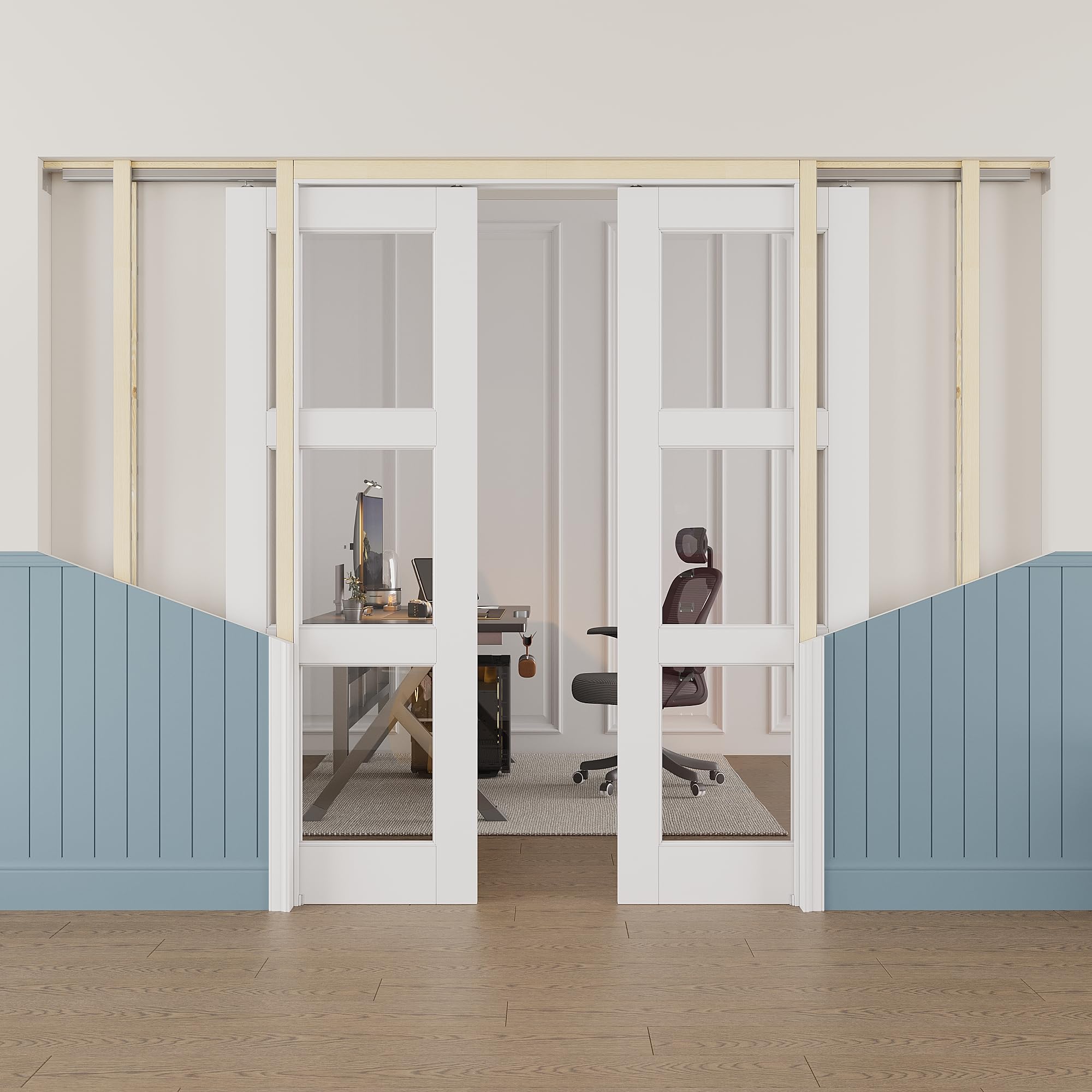 36x80 Sliding Double Pocket Door,3 Lite Clear Glass Doors,Hidden Doors