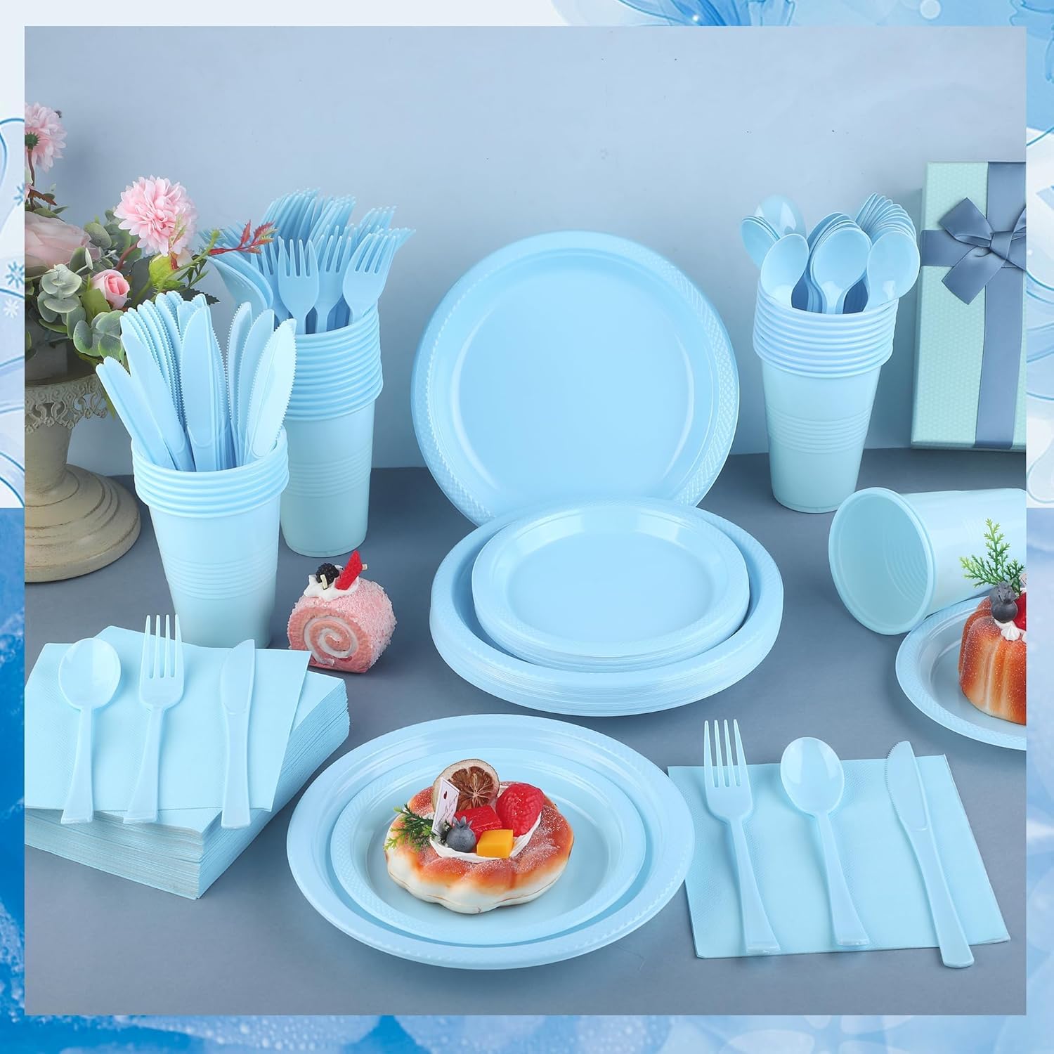 Kochorie 480 Pieces Light Blue Plastic Dinnerware Set Disposable Heavy Duty Plates Napkins Cups Silverware Dessert Dinner Plates for Birthday Wedding Baby Shower Party Supplies, Serves 60 Guests