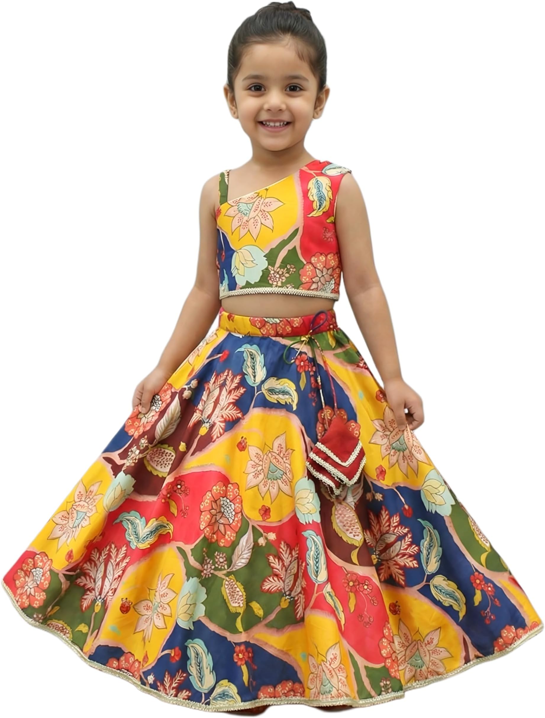 Girls Lehenga Choli, Multicolor Floral Print, Traditional Indian Ethnic Wear