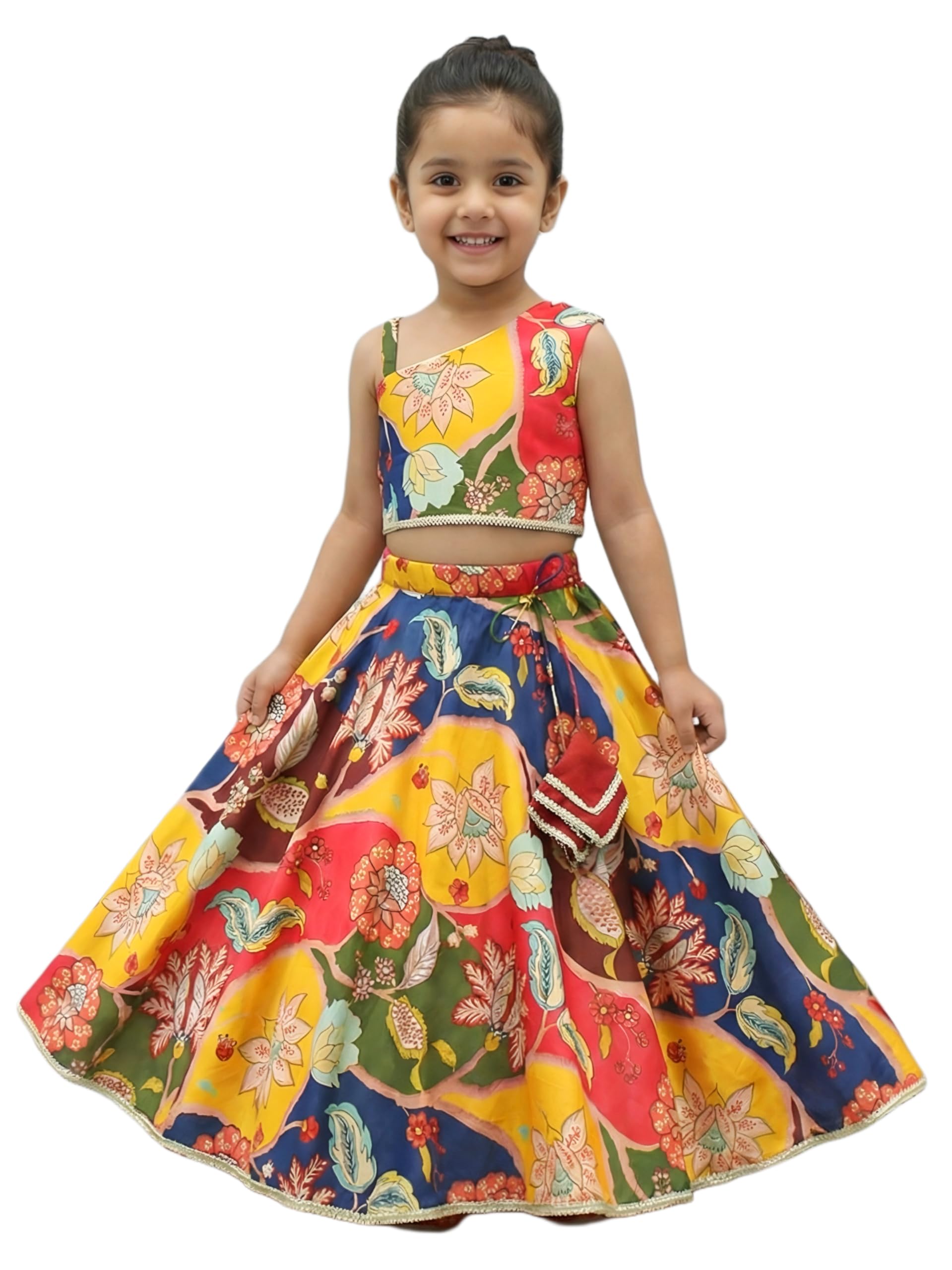 Girls Lehenga Choli, Multicolor Floral Print, Traditional Indian Ethnic Wear
