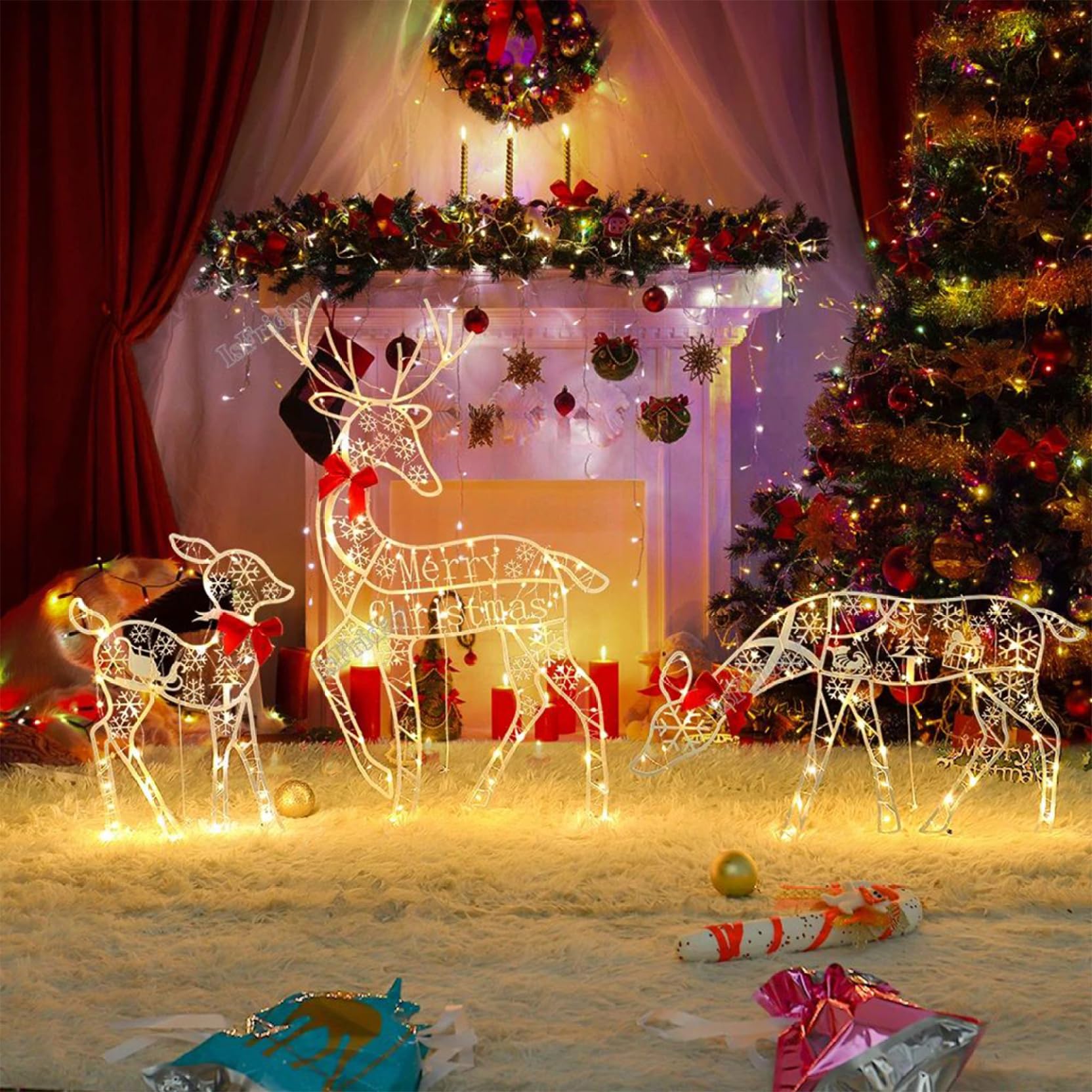 Décoration de Noël en Forme de Renne, Ensemble 3 Rennes Lumineux, Motif Flocon Neige, décoration Noël avec nœud en métal, alimenté par Batterie, LED Blanc Chaud pour intérieur e
