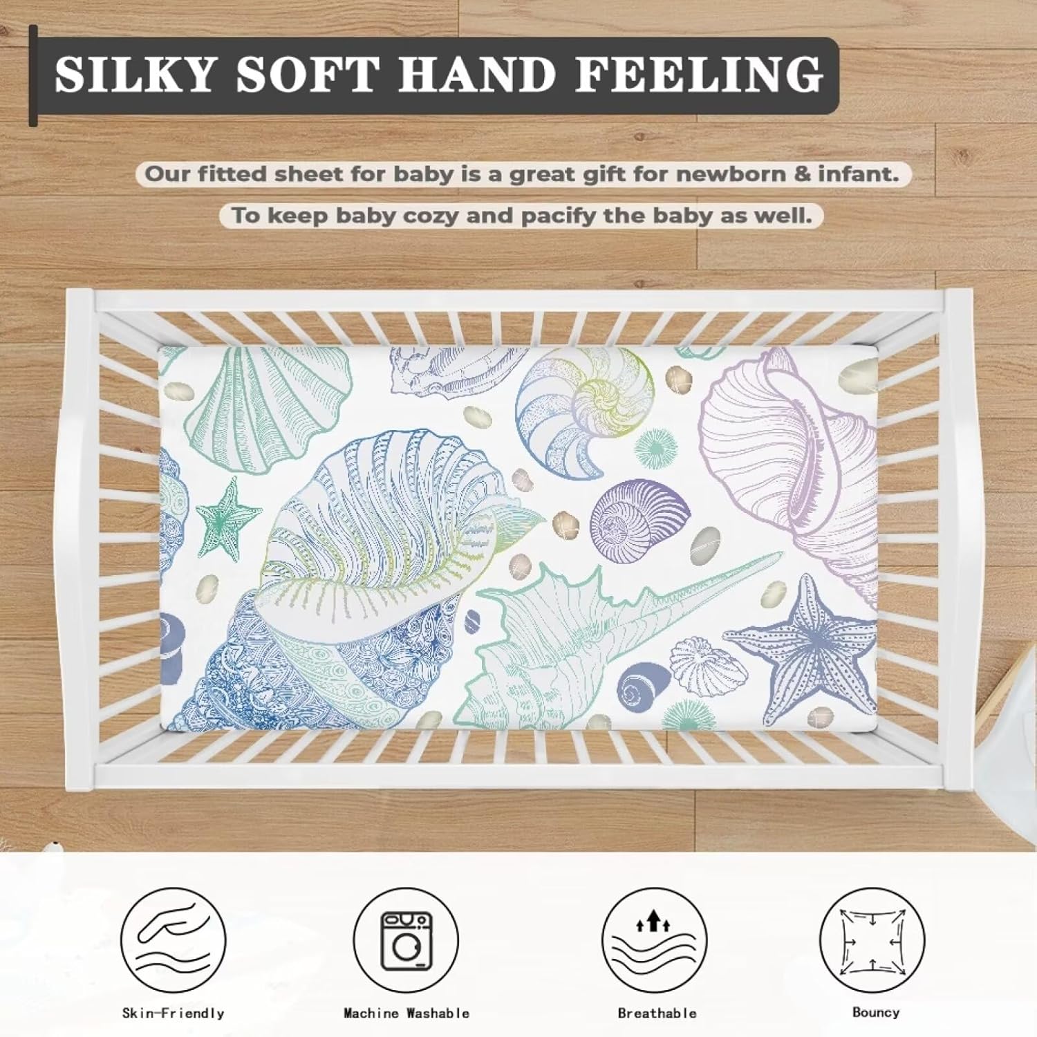 Seashell Fitted Crib Sheet Starfish Conch Blue Purple Green Standard Crib Mattress Fitted Sheet Underwater Toddler Bed Mattress Sheets Crib Mattress Sheet 28"x52", Teal