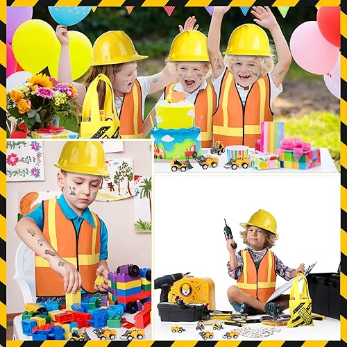 Miniatura 6 de 58 piezas de suministros de fiesta de cumpleaños de construcción, incluye 12 sombreros, 12 chalecos, 12 bolsas de mano, 12 mini camiones de juguete