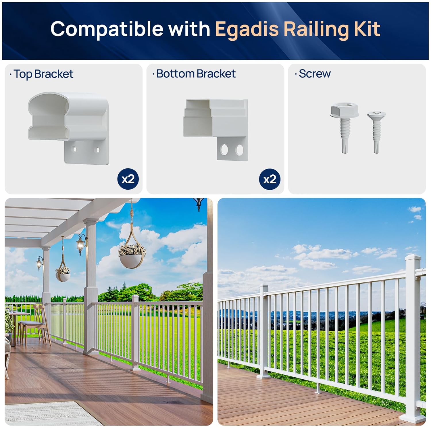 Egadis 4 Pack Aluminum Deck Railing Bracket Connector, Fixed Railing Bracket, White Outdoor Textured Powder-Coat Finish Rail System for Decks, Porches & Balconies