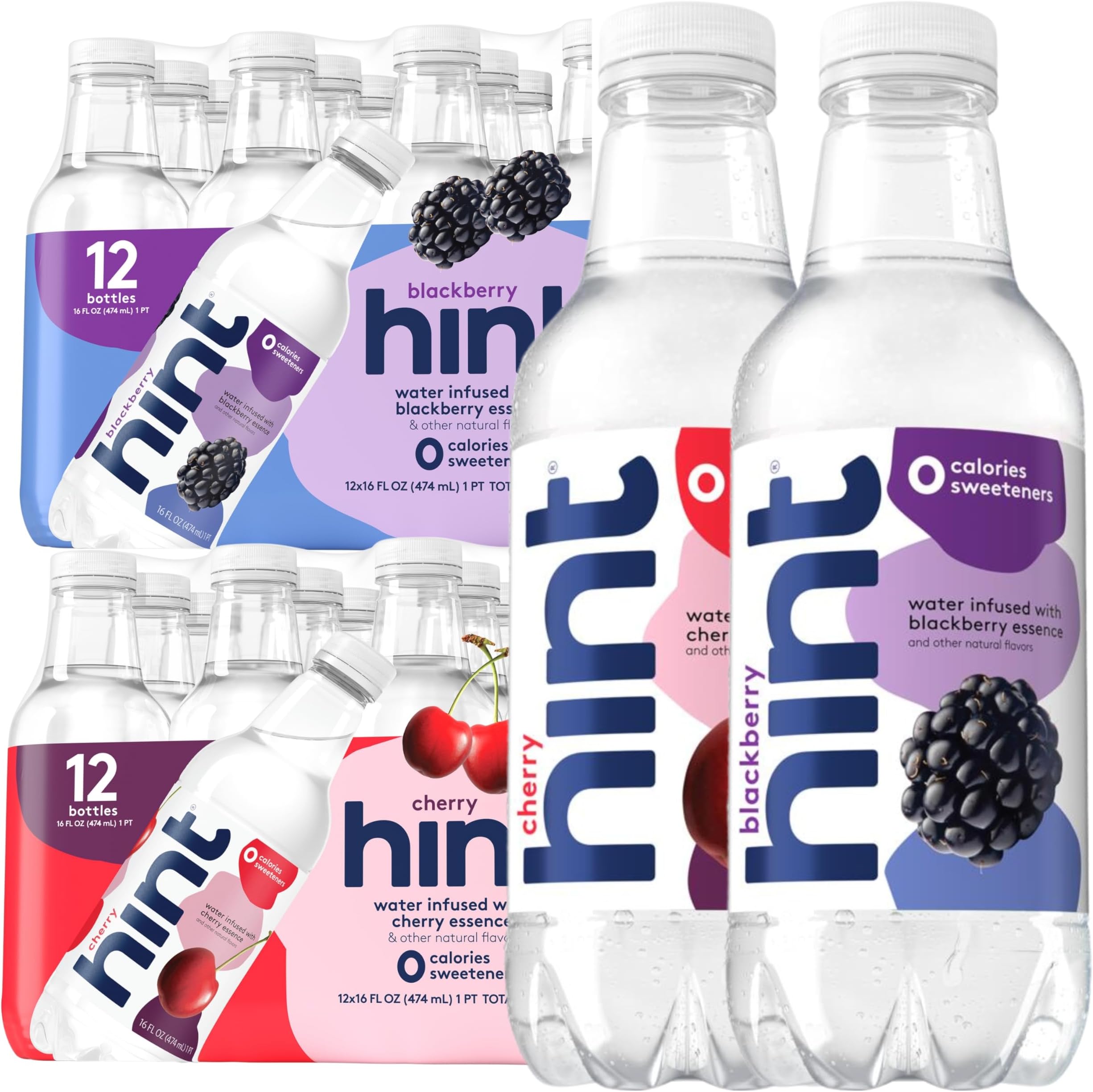 Bottled Water, Blackberry and Cherry- Purified Flavored Water with Zero Calories, Sugar Free, Natural Flavors - 16 Fl Oz (Pack of 24)
