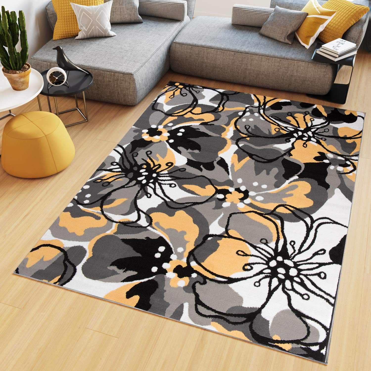 Tapiso Grey Yellow Flowers Maya Area Rug Short Pile Yellow Grey Black Flowers Modern Abstract Living Room Bedroom Nursery Durable Oeko-Tex Carpet Size - 160 X 220 Cm (5Ft3 X 7Ft3)