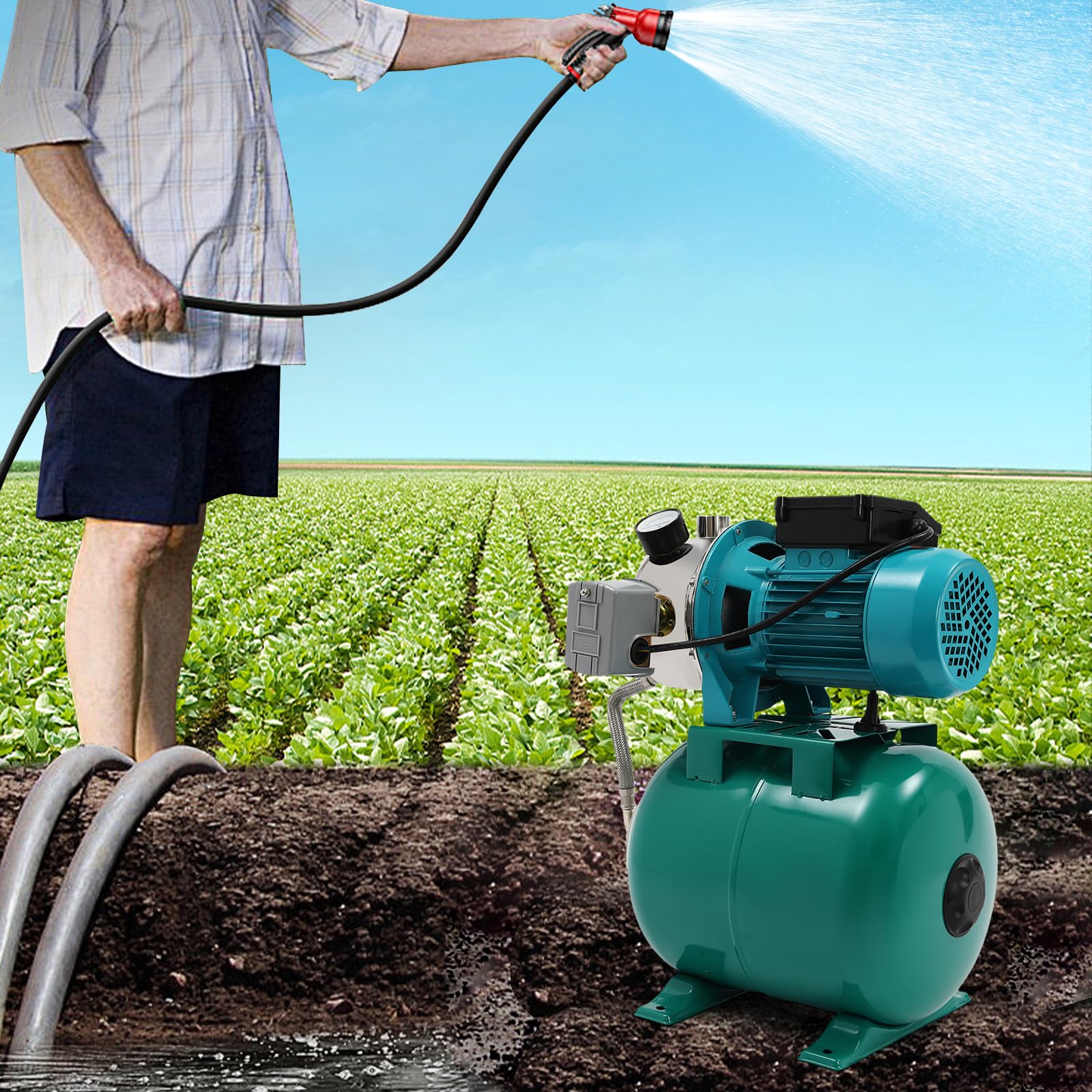 1.6HP Shallow Well Pump with Pressure Tank, Automatic Water Booster System Irrigation Jet Pump for Home, Garden, Lawn, Maximum Head 147.64FT, 110V (Green)