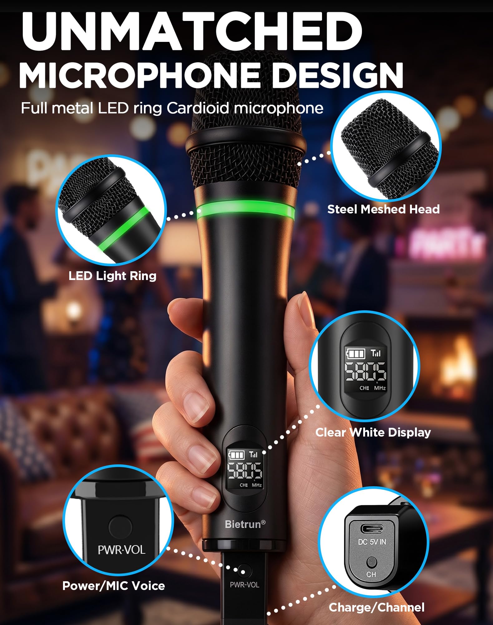 Bietrun XLR-Funkmikrofon, wiederaufladbares, kabelloses Dual-Metall-Handmikrofon für Mischpult, Audioschnittstelle, PA-Verstärkersystem, Kirche, Gesang, Karaoke (UHF 240 FT Reichweite) (mit 6,35-Adapt