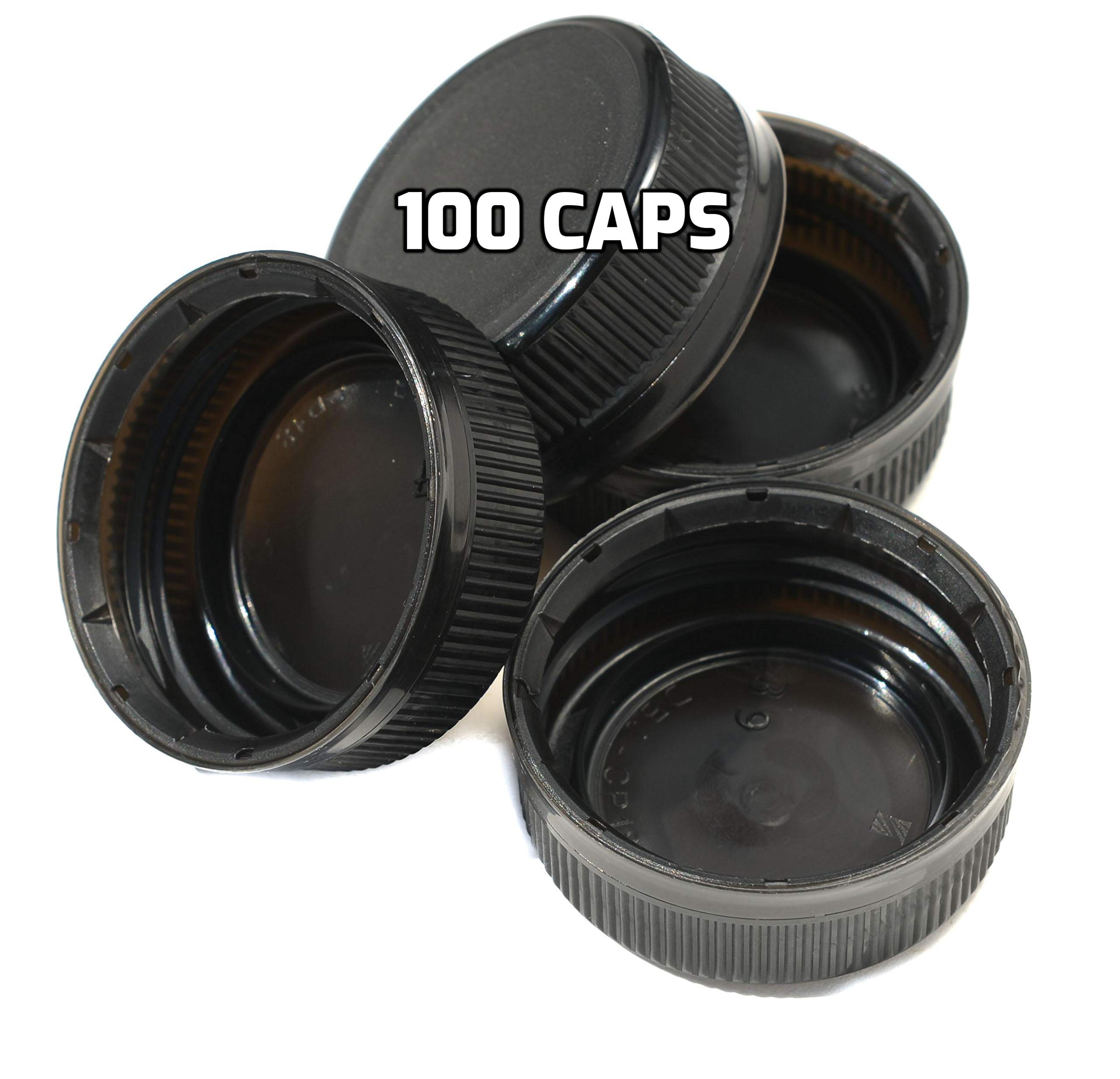 [100 PACK] 38MM Black Tamper Evident Ratchet Caps/Lids for Empty Foggy Plastic Juice Bottles by EcoQuality