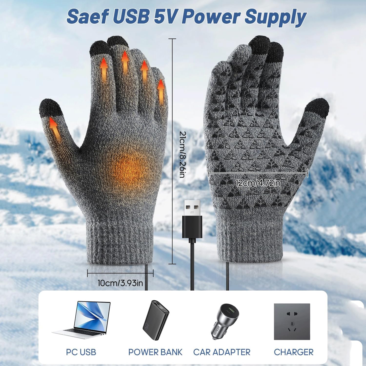 Rękawice ogrzewane USB, dwustronnie ogrzewane, dziergane przez USB, ogrzewane rękawiczki dla mężczyzn i kobiet, elektryczne rękawice do ogrzewania dłoni z 3-stopniową regulacją temperatury i palcami