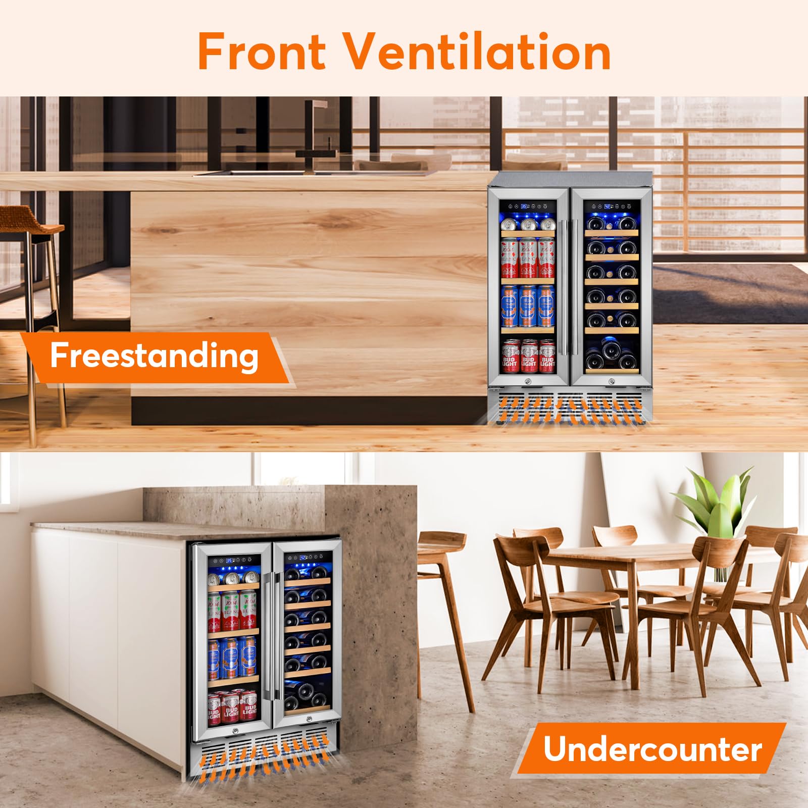 Turephe Wine And Beverage Refrigerator With Glass Door, 24-Inch Dual Zone Wine Fridge Under Counter, 18 Bottle And 65 Can Large Capacity LED Blue Light Smart Fast Cooling Wine Cooler on Fridge.com - View 6