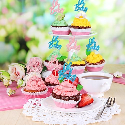 Miniatura 4 de 24 piezas Oh Baby Cupcake Toppers Glitter Baby Shower Cupcake Picks con lazo rosa y azul revelación de género decoraciones para cupcakes para niños