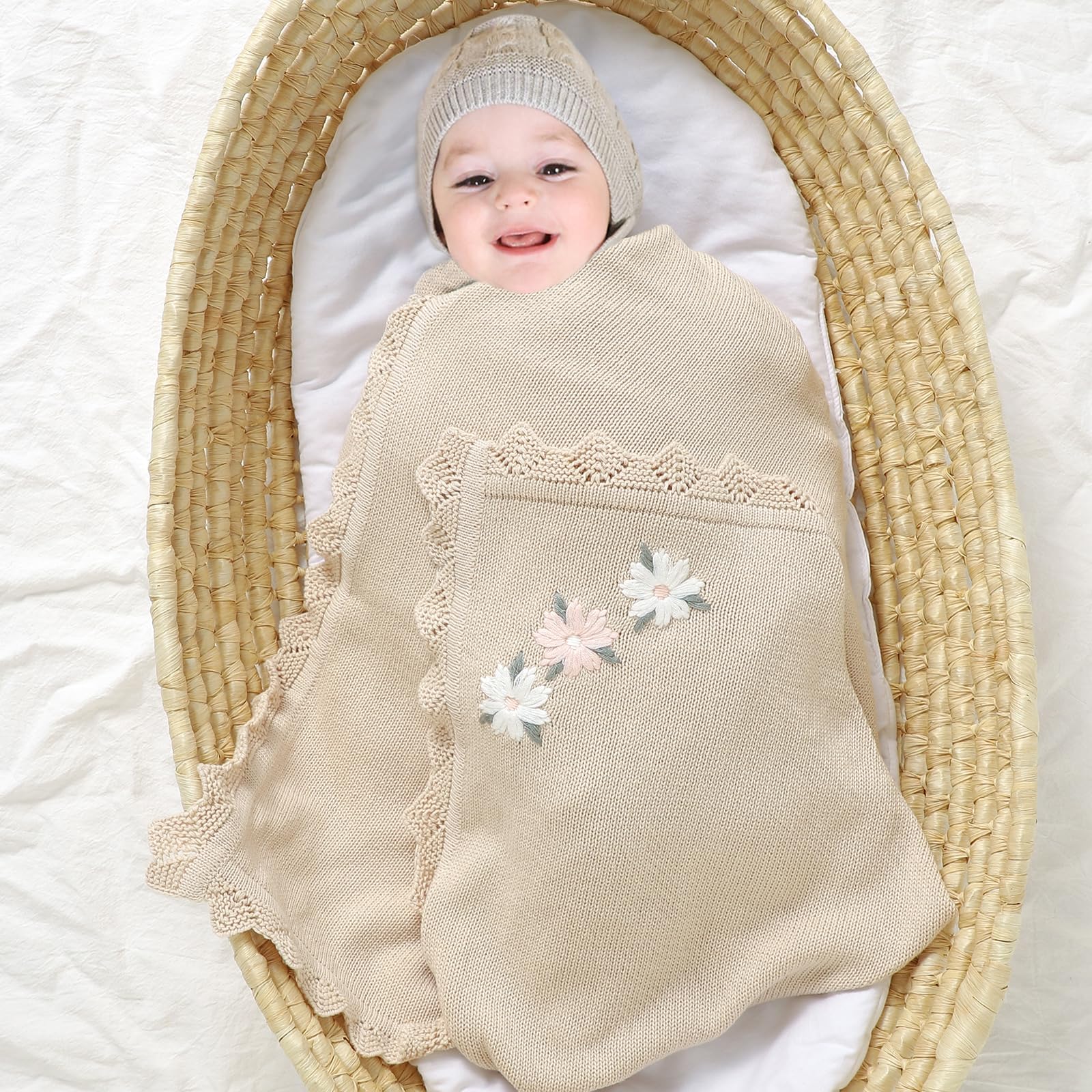 LAWKUL Baby Blanket 100% Traceable Cotton Knit Receiving Blankets Infant Swaddle for Newbron Boy Girl 100X80cm (Beige Floral) - Image 3