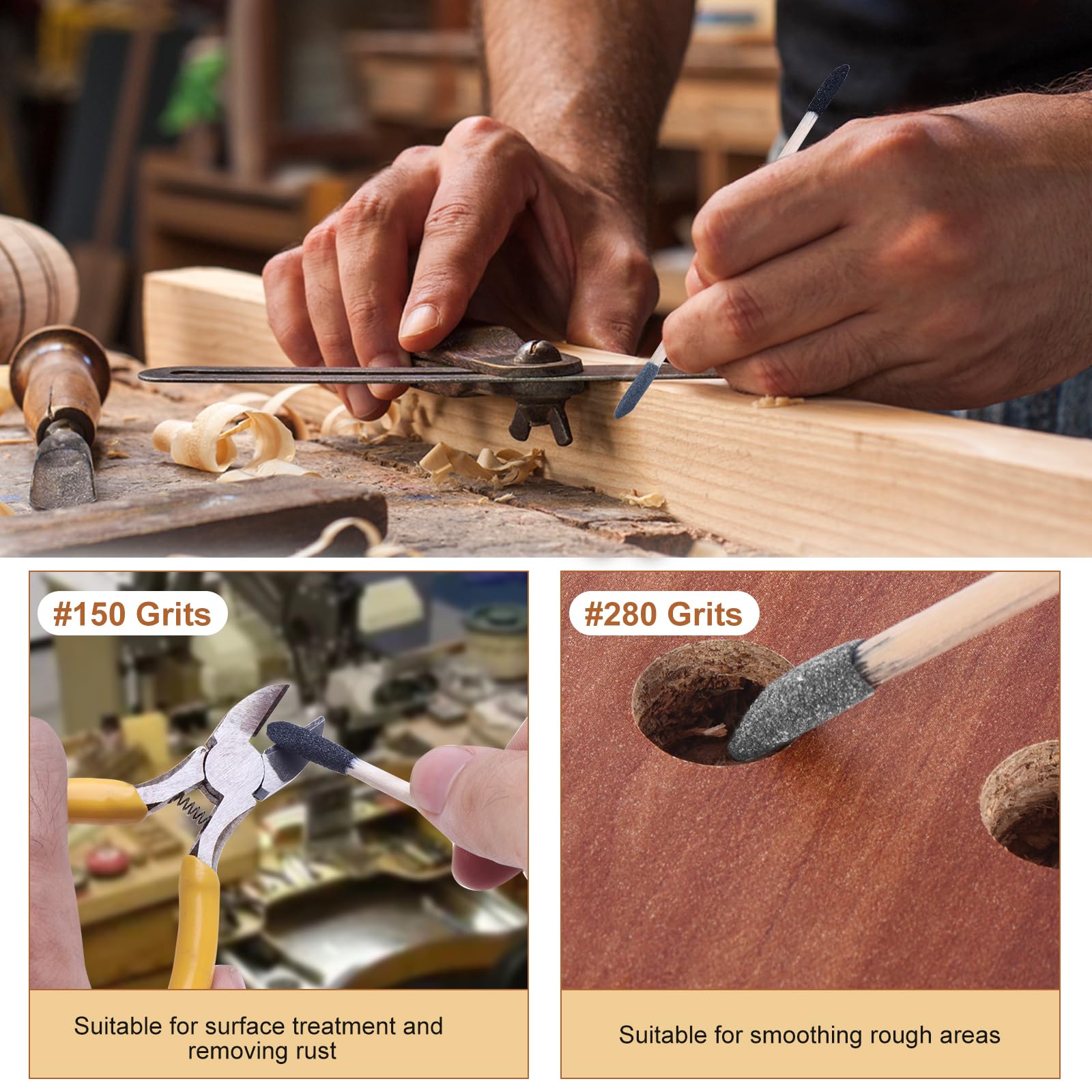 HSEAMALL 50 bastoncini abrasivi a doppia estremità, 150/280 grana per lavori di precisione, lavorazione del legno
