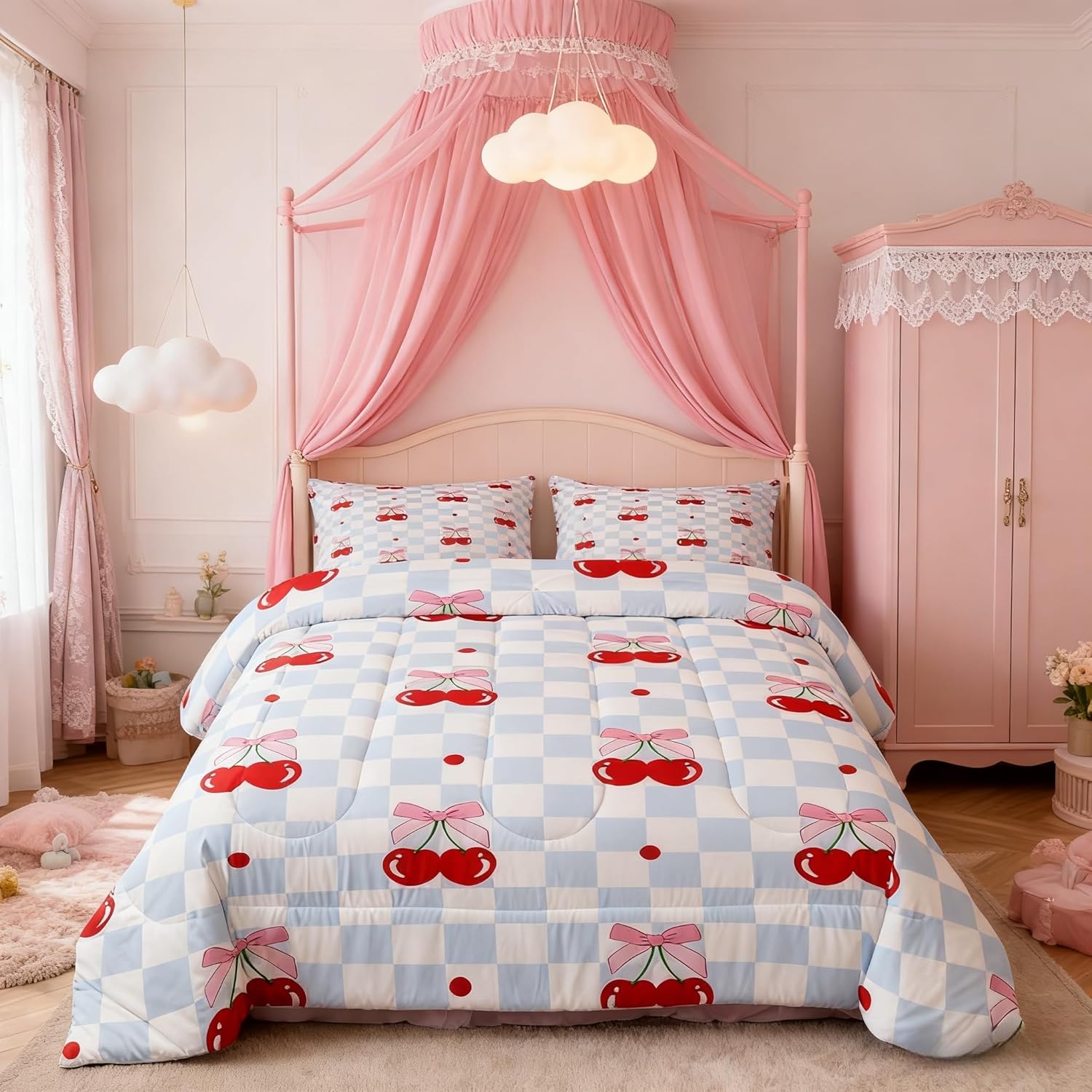 Pink Bowknot Kids Comforter Set Full Size,Bow Tie Cherry Tropical Fruit Cartoon Bedding Set,Girls Women Room Decor,Geometric Checkered Patchwork Down Comforter,Blue Chic Duvet Insert,2 Pillowcases