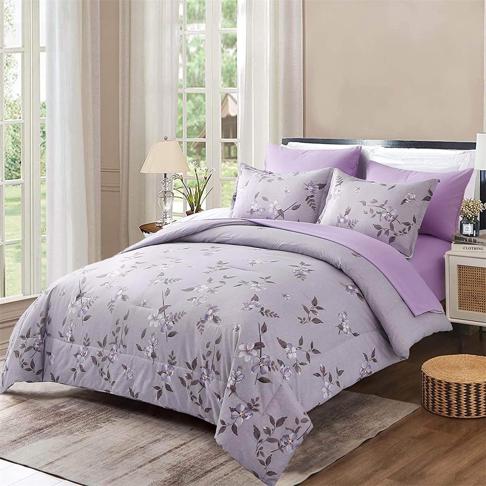 Juego de edredón de 7 piezas de cama en una bolsa, color morado, plantas botánicas, flores, juego de ropa de cama de microfibra suave con 1 edredón, 2 fundas de almohada, 1 sábana encimera, 1 2