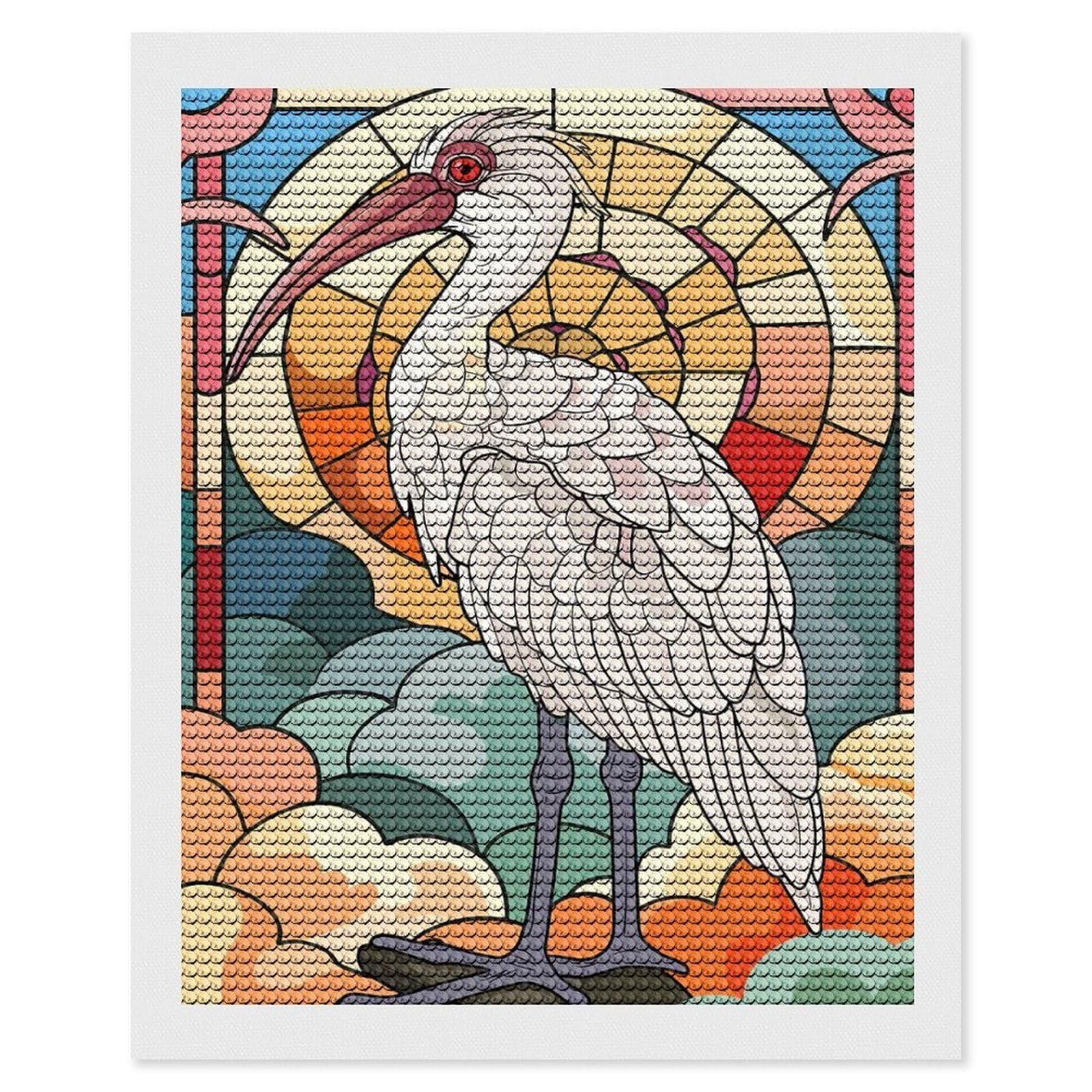 Junmoney Stained Glass Ibis with Sun and Clouds Diamond Painting Canvas Set 16"x20", for Adults, Sparkling Round Gems, Thoughtful Handmade Gift, Modern Decor