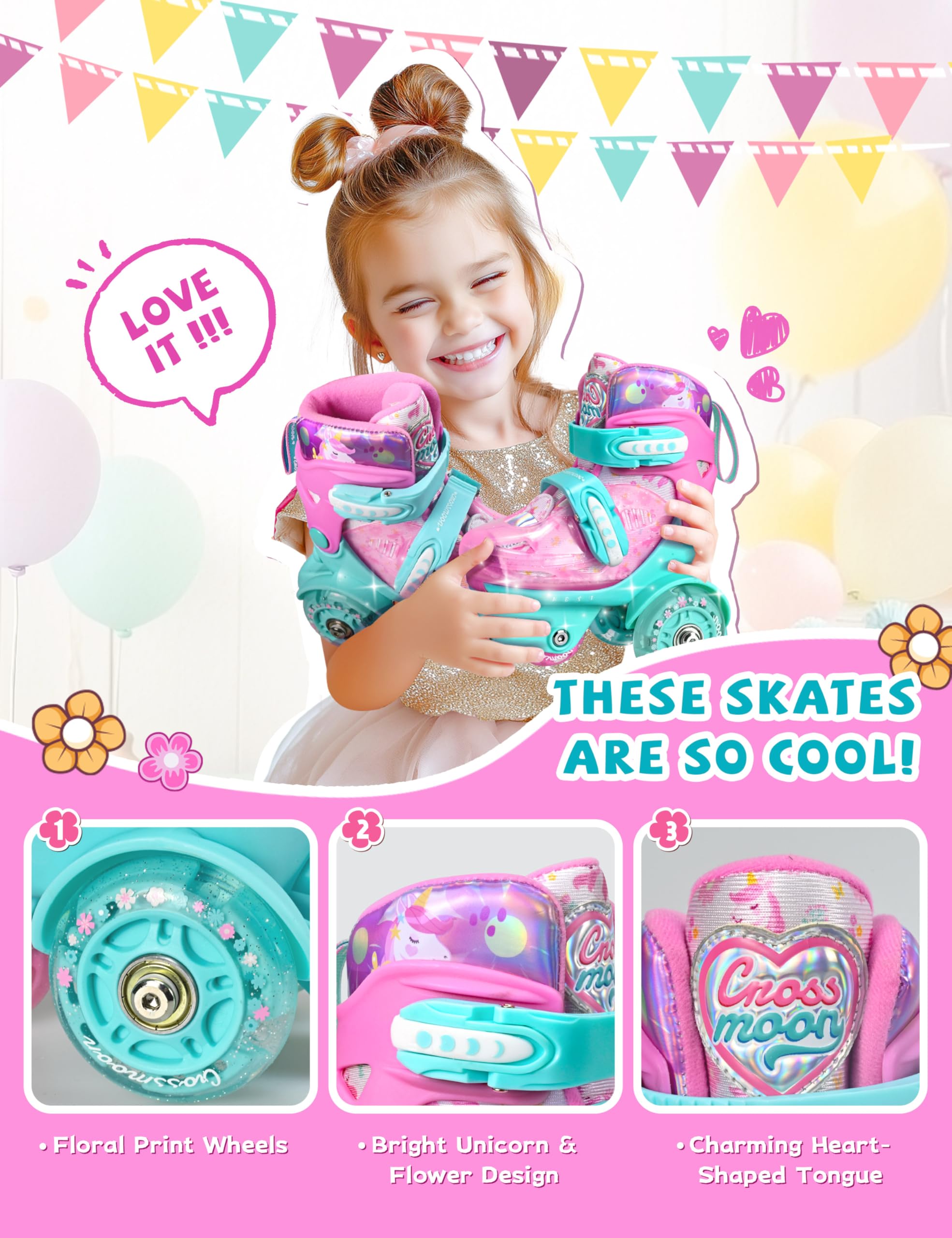 Unicorn Toddler Roller Skates, Kids Training Safety Tripple Protection Roller Skates with 4 Adjustable Sizes, Fun Light-Up Wheels, Little Girls' Fancy Gift