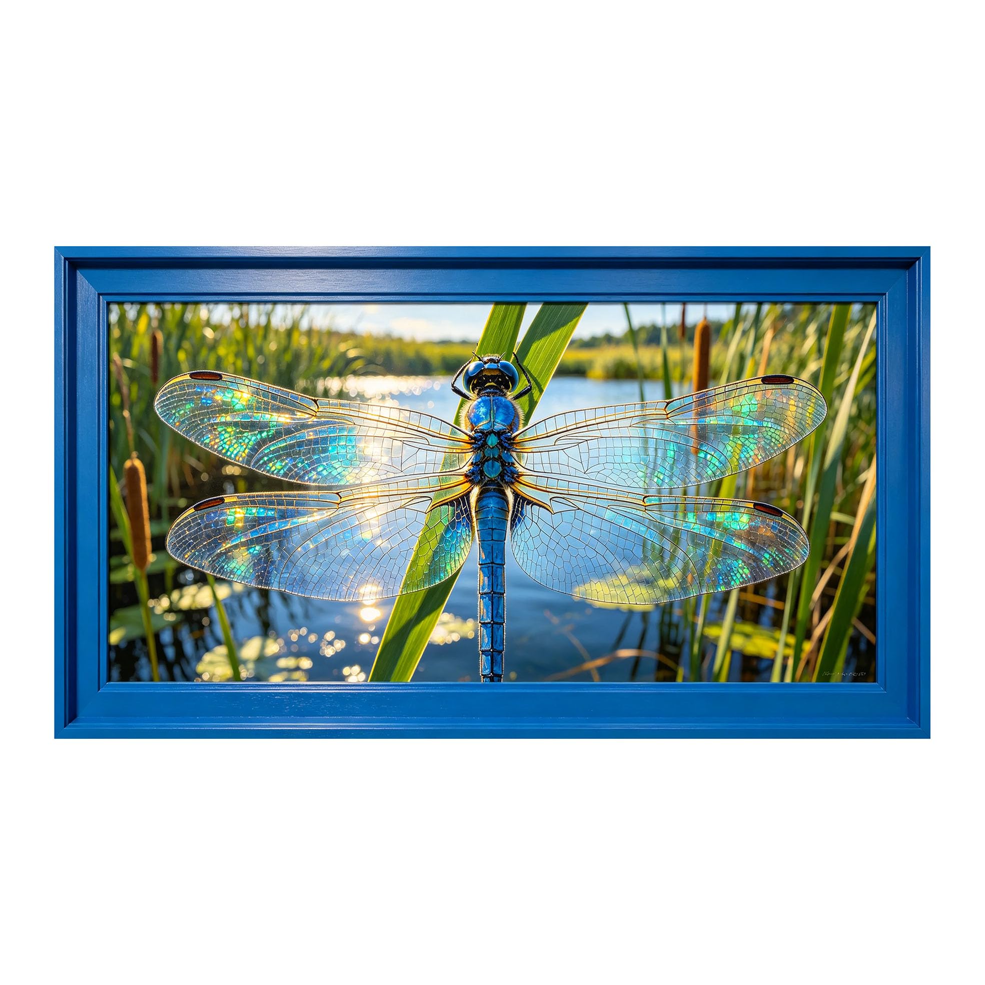 Yzpallescene 3D Framed Wall Art 50cm×100cm Blue Dragonfly Insect Pond Lake Landscape Macro Realistic Large Size SelfAdhesive Removable Wall Decor Prints Artwork for Living Room Bedroom Office