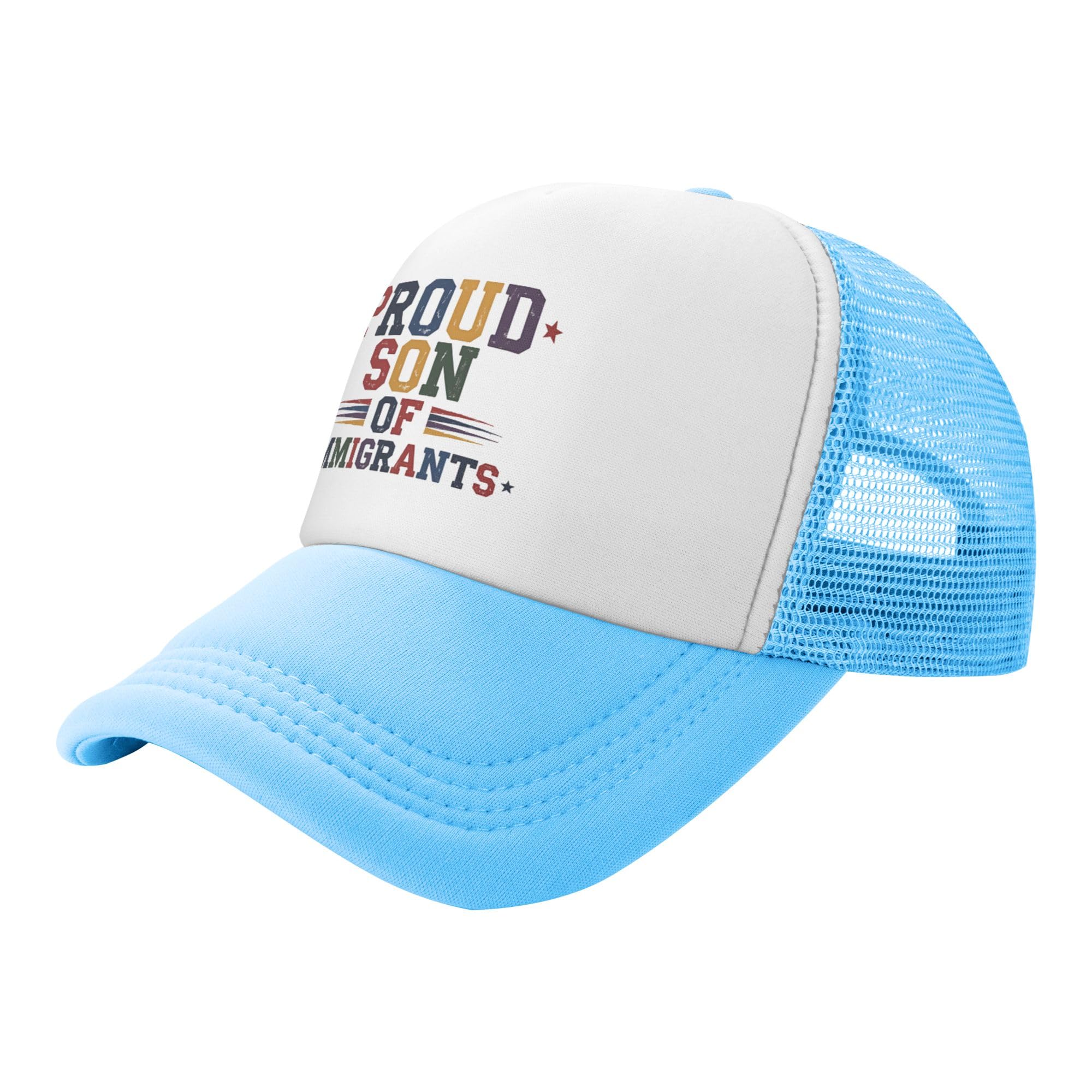 Vetrova Proud Son of Immigrant Trucker Hat Fuck Racism Baseball Cap Mesh Back Adjustable Hats for Kids - Sky Blue