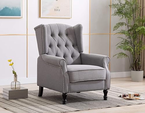 Miniatura 10 de Artechworks Silla decorativa moderna de tela alada, silla de club con brazos copetudos, sofá individual de lino con patas de madera, cómoda tapizada