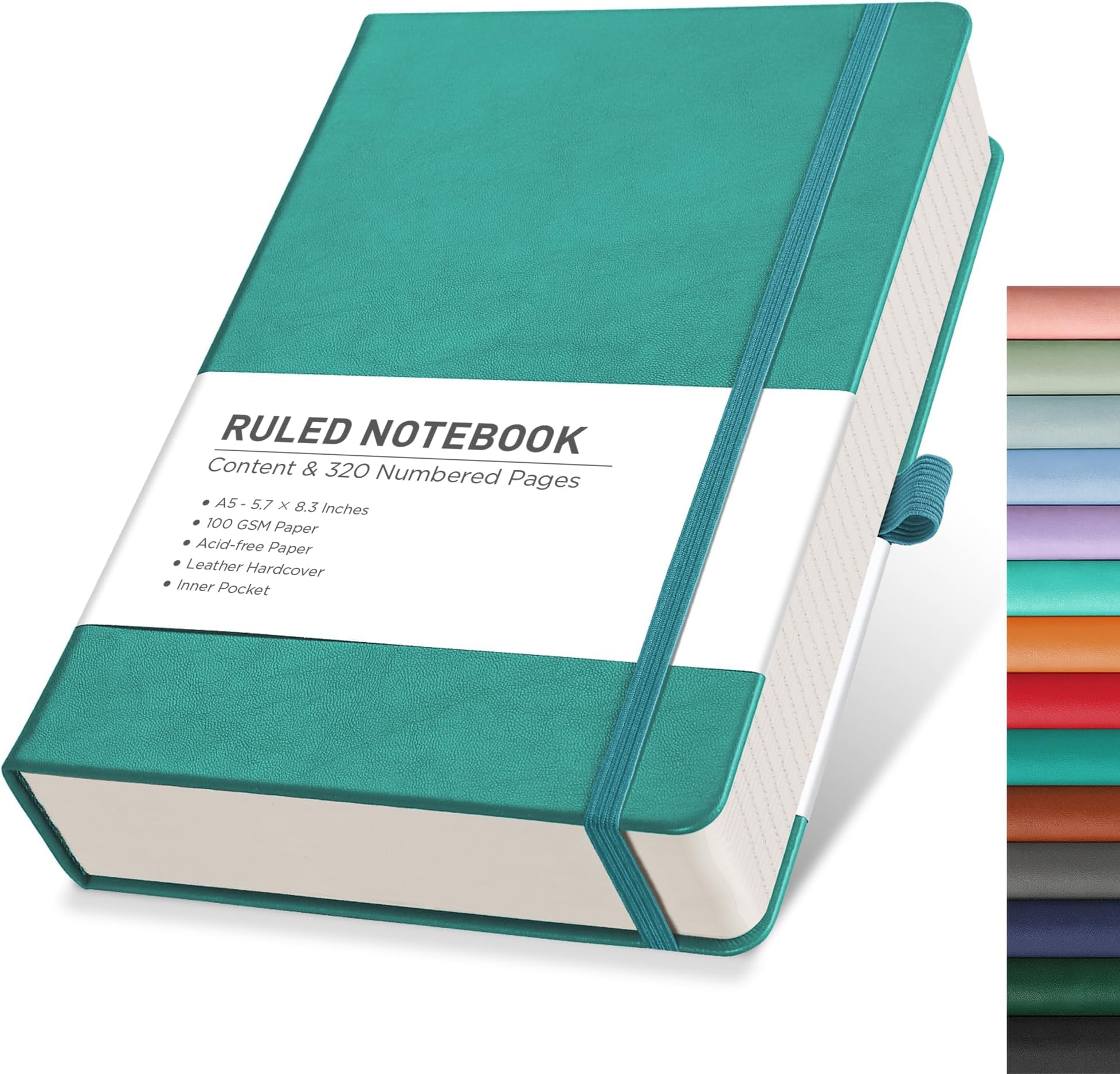 RETTACY Lined Journal Notebook, 320 Numbered Pages, A5 Medium Size (5.7'' x 8.3''), for Men & Women, Journaling, Writing, Work & Office, Leather Hardcover, 100 GSM Thick Paper (Cyan)