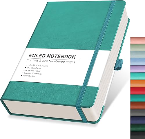RETTACY Cuaderno de rayas universitarias con 320 páginas numeradas, diario grueso A5 para escribir, cuaderno rayado con papel rayado de 3.53 ozm,
