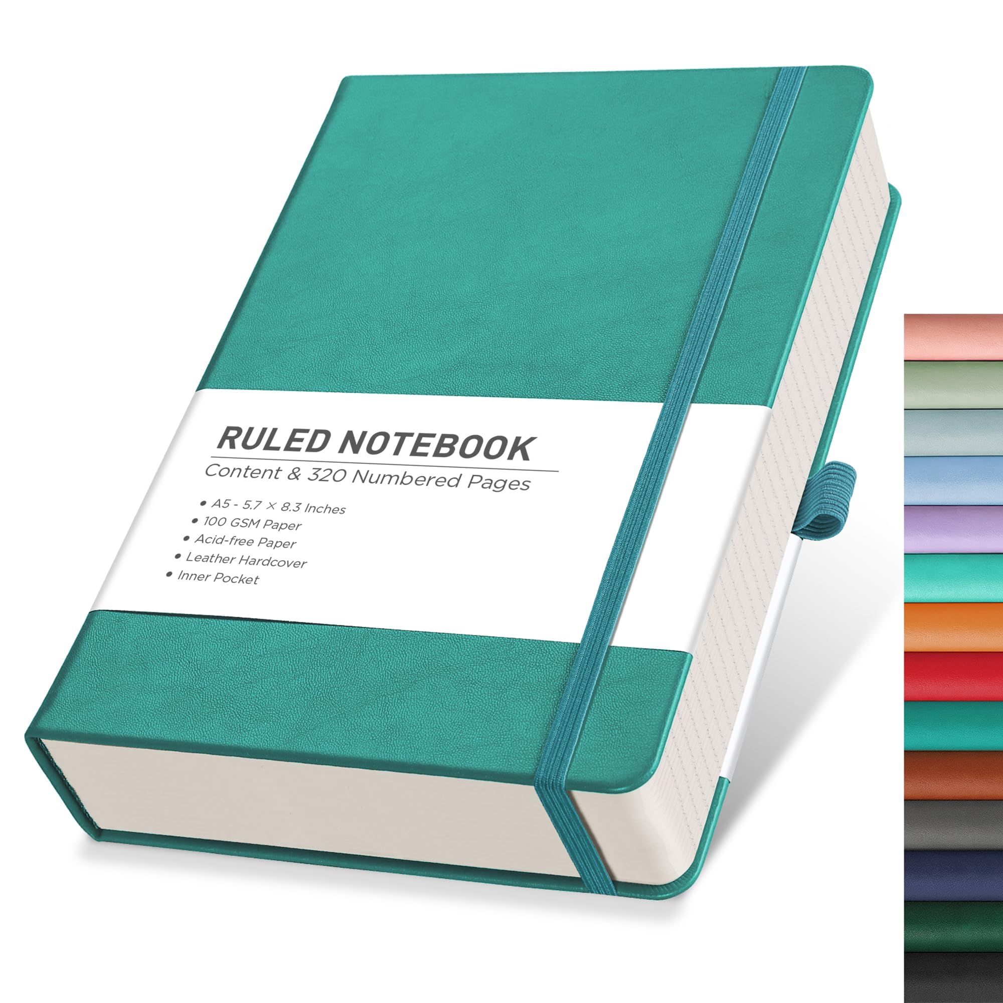 RETTACY Lined Journal Notebook, 320 Numbered Pages, A5 Medium Size (5.7'' x 8.3''), for Men & Women, Journaling, Writing, Work & Office, Leather Hardcover, 100 GSM Thick Paper (Cyan)