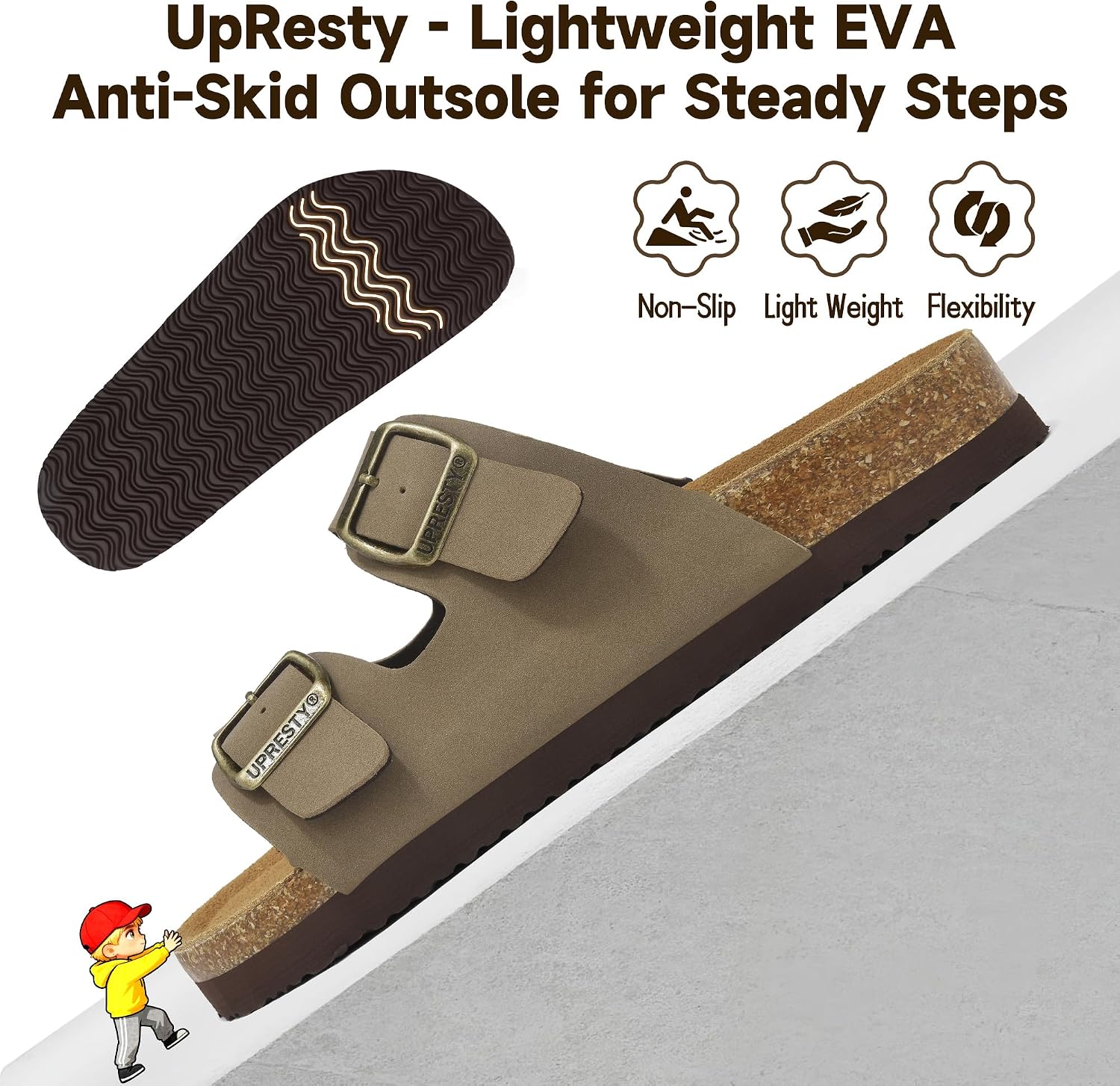 Genuine Suede Kids Toddler Sandals with Cork Footbed and Memory Foam Insole, Girls Boys Sandals with Arch Support, Adjustable Double Buckle Slides Sandals for Casual School Unisex