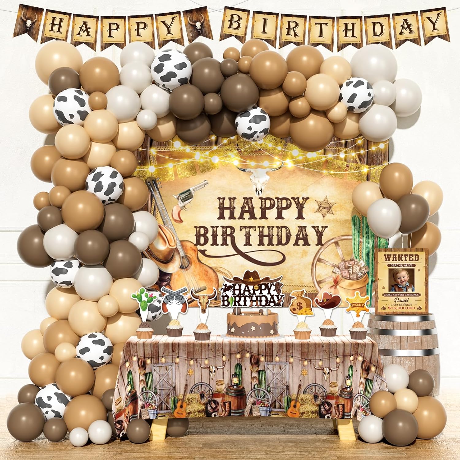 Hombae Cowboy Birthday Party Decorations, Western Cowboy Birthday Decorations, Wild West Rodeo Party Supplies for Boys, Backdrop Balloon Garland Banner Tablecloth Cake Cupcake Topper Poster Brown