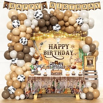 Hombae Cowboy Birthday Party Decorations, Western Cowboy Birthday Decorations, Wild West Rodeo Party Supplies for Boys, Backdrop Balloon Garland Banner Tablecloth Cake Cupcake Topper Poster Brown
