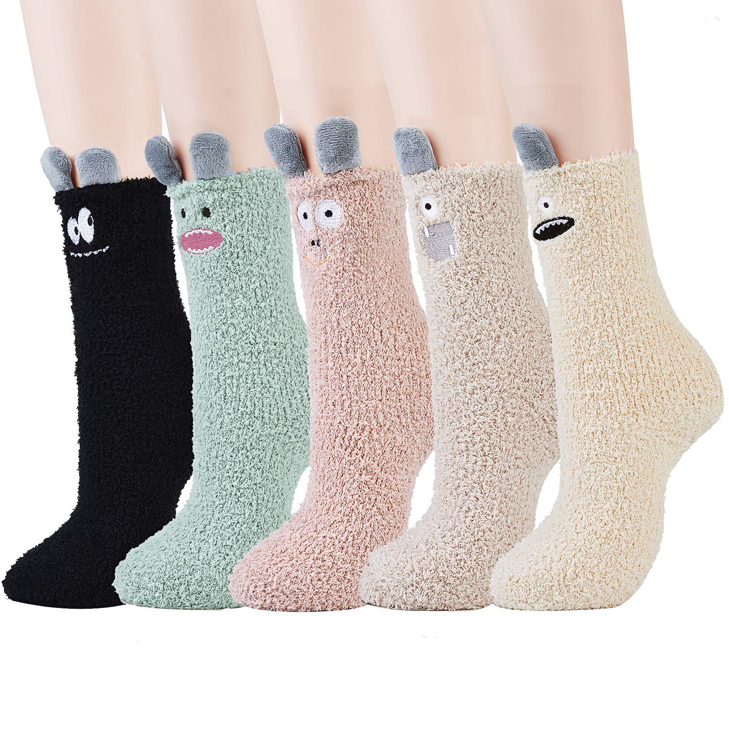 Lot de 5 paires de chaussettes femme, motif cartoon mignon, chaussettes mi-mollet épaissies en peluche, chaussettes chaussons pour la maison