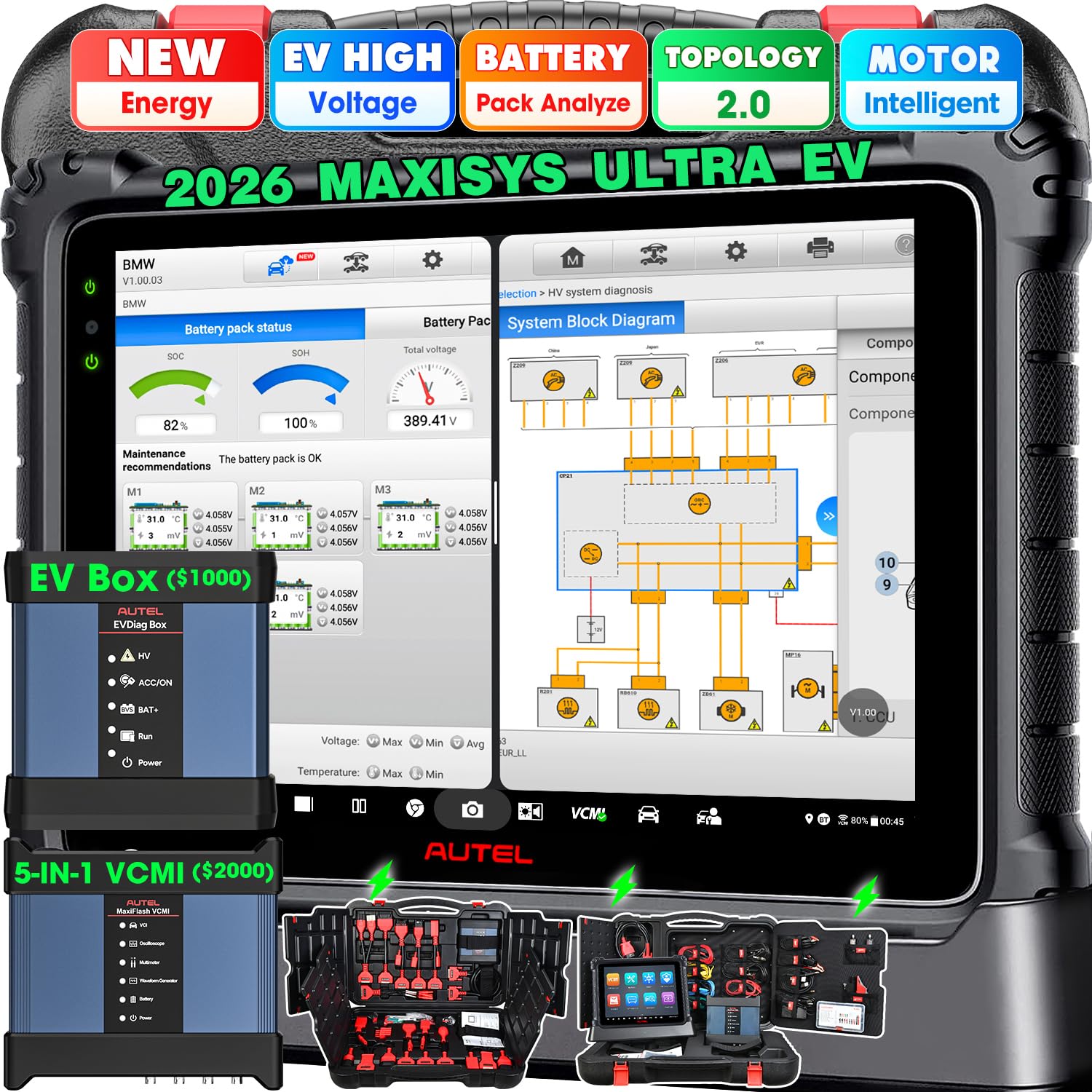 MaxiSYS Ultra EV Intelligent Scanner, 2026 EV Ver of Ultra S2, High-Voltage System & Battery Pack Analyze, $1000 EVDiag KIT, 5IN1 VCMI, 2.0 Topology, 3K+ Bidirectional, 40+ Reset, Motor Truspeed