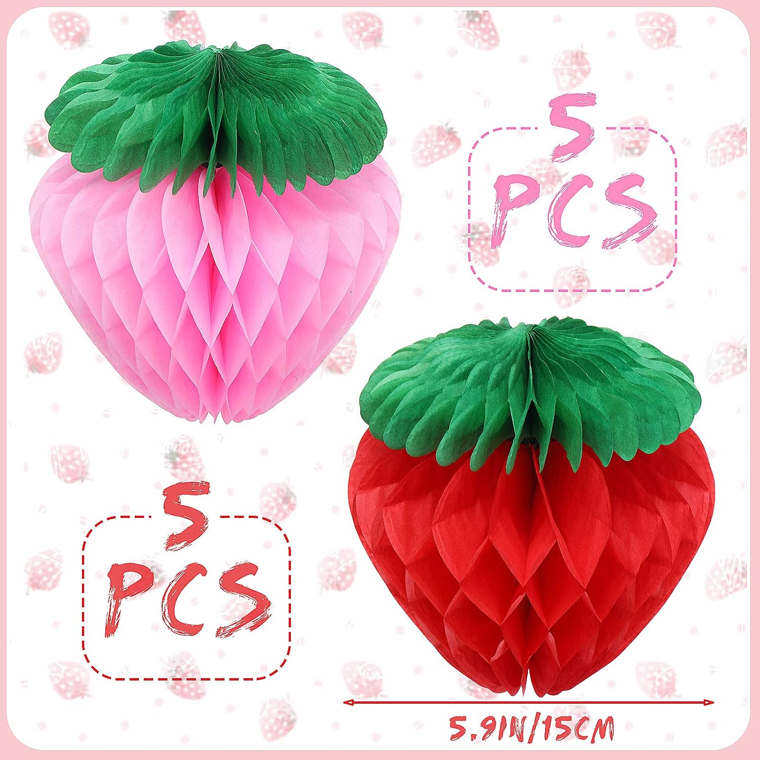 Skylety 10 Pcs 6 Inch Strawberry Party Decorations Red Pink Tissue Pom Poms Honeycomb Balls Paper Strawberry Lanterns Garland for Berry First Birthday Party 1st Baby Shower Sweet Fruit Wedding Decor