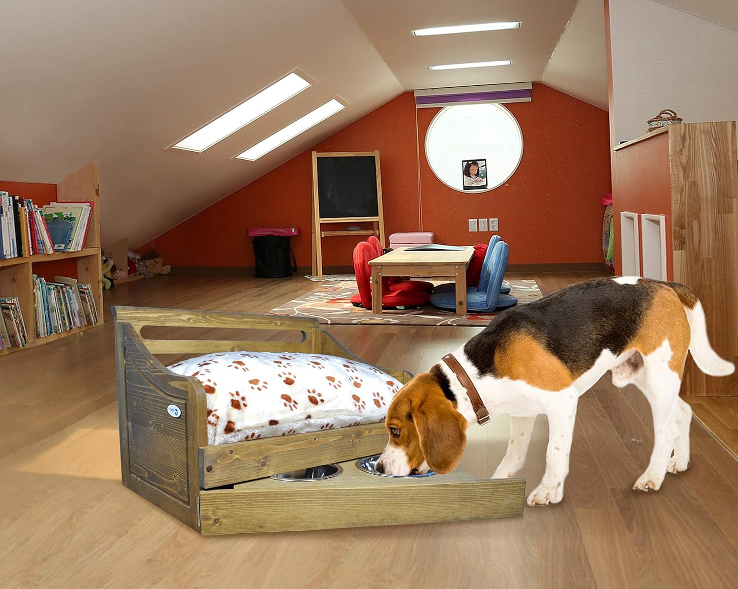 Iconic Pet Sassy Paws Multipurpose Wooden Pet Bed with Feeder - Rustic Brown - Small - Stylish Comfort for Your Pet