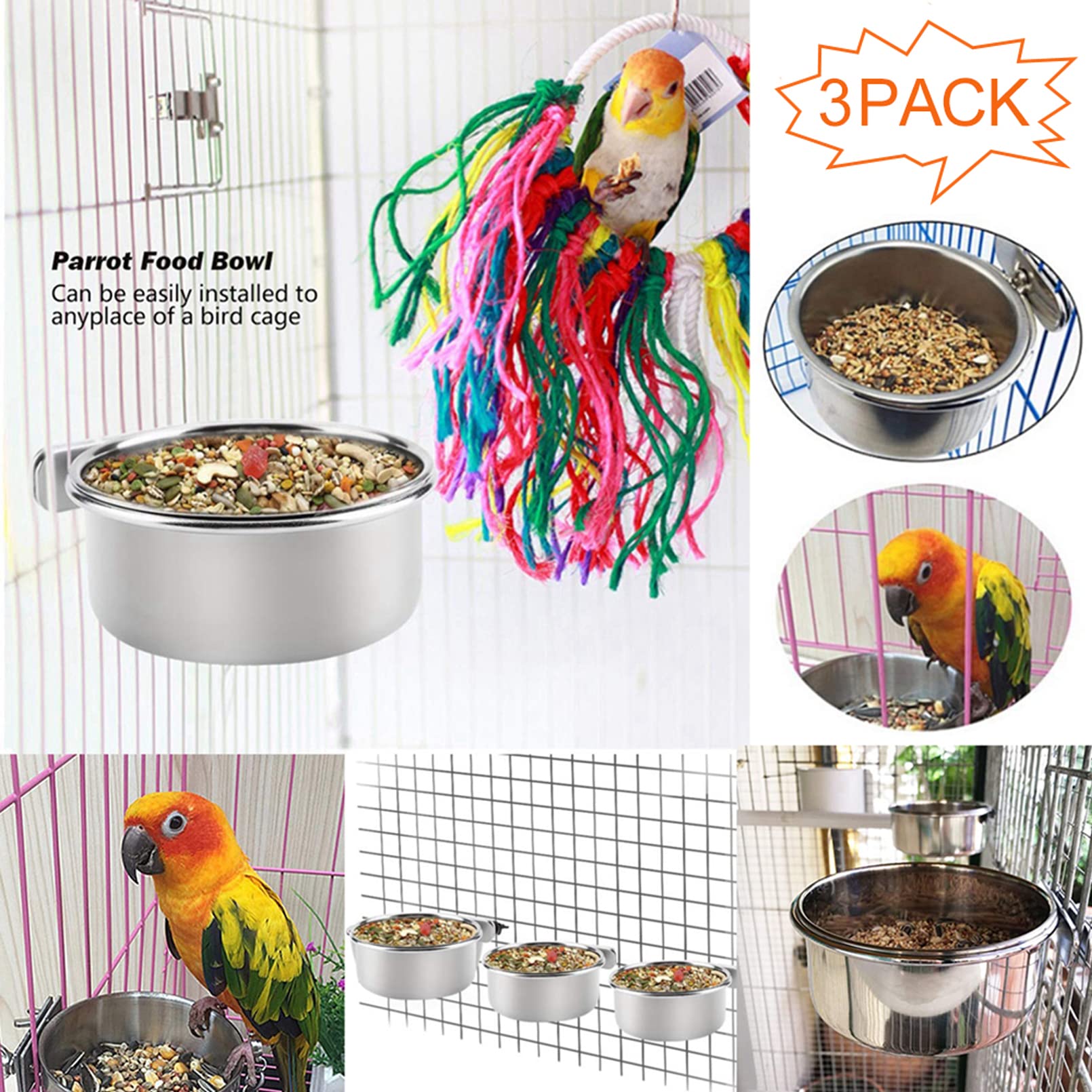 PINVNBY Edelstahl-Futternäpfe Für Vögel – 3-teiliges Set Mit Halterung & Schleifstange Für Papageien, Sittiche, Nymphensittiche & Mehr