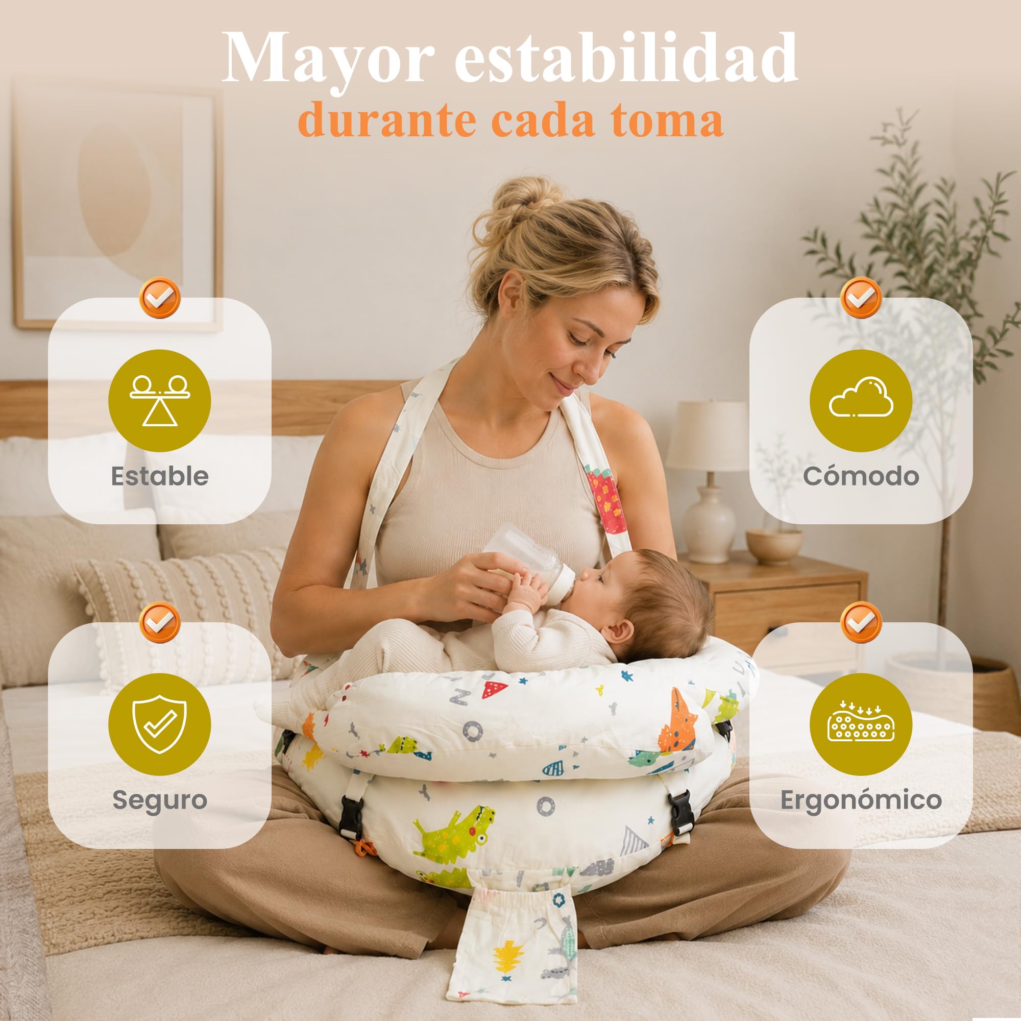 Cojín de Lactancia Ergonómico con Cinturón Ajustable para Cintura y Cuello | Soporte Anticaída para Bebé | Funda Desenfundable y Lavable | Almohada de Lactancia para Dar el Pecho y Biberón