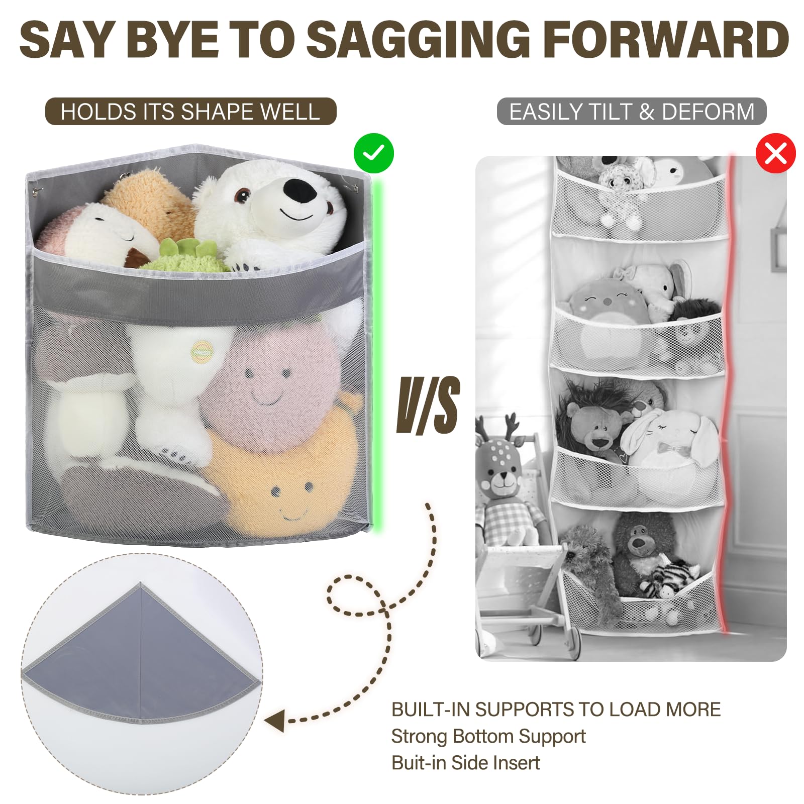 Stuffed Animal Storage, 2 Pack Stuffed Animal Hammock Corner Toy Organizer, Wall Mount Large Net Basket for Teddy Plush, Hanging Kids Plush Toys Holder for Nursery Play Room Bedroom Decor, Grey