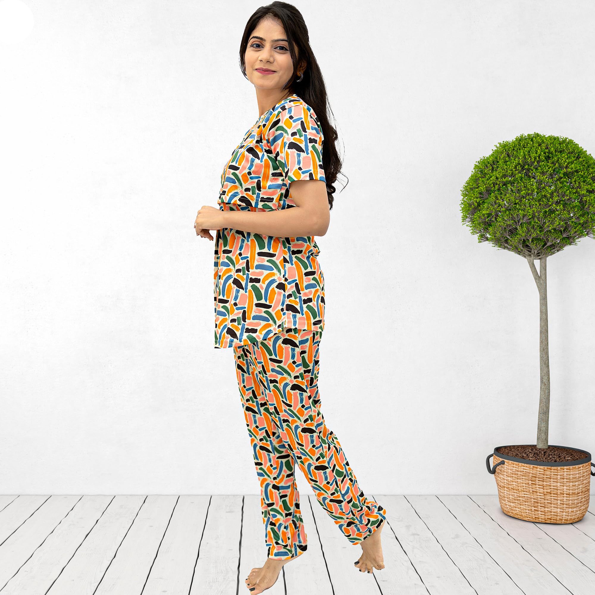 The Starmom Women's Zipless Cotton Blend Printed Maternity & Feeding Night Suit Set of Top & Pajama Set | Pre & Post Pregnancy Nursing Night Dress Peach - Image 3 thumbnail