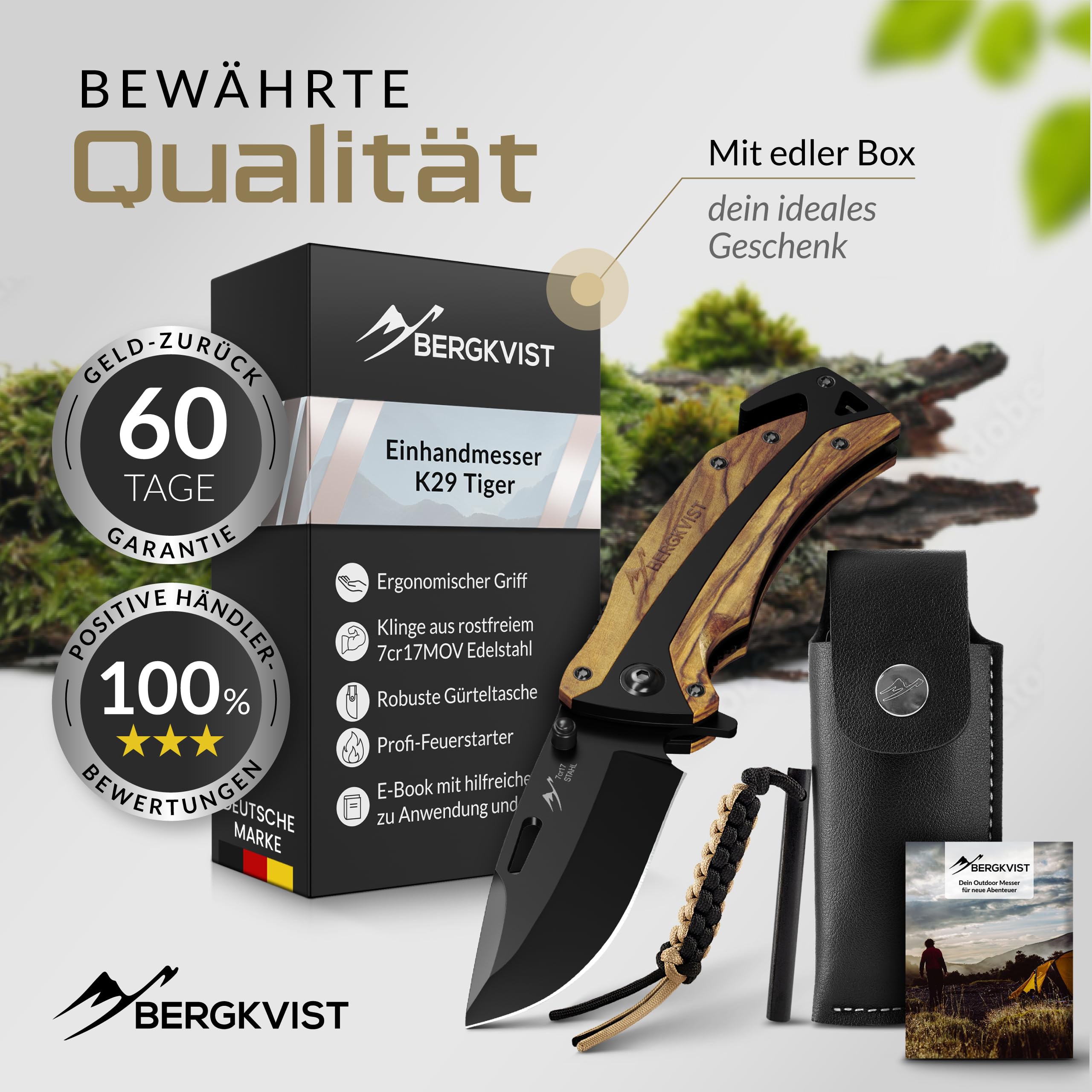 BERGKVIST® K29 Klappmesser Tiger (Einhandmesser) - 3-in-1 Taschenmesser aus Echtholz für Outdoor, Camping & Survival - ausgezeichnet mit dem Bronze A' Design Award 2021 - inkl. Feuerstahl & Tasche