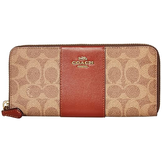 COACH Color Block Coated Canvas Signature Slim Accordion Zip Tan/Rust/Brass One Size