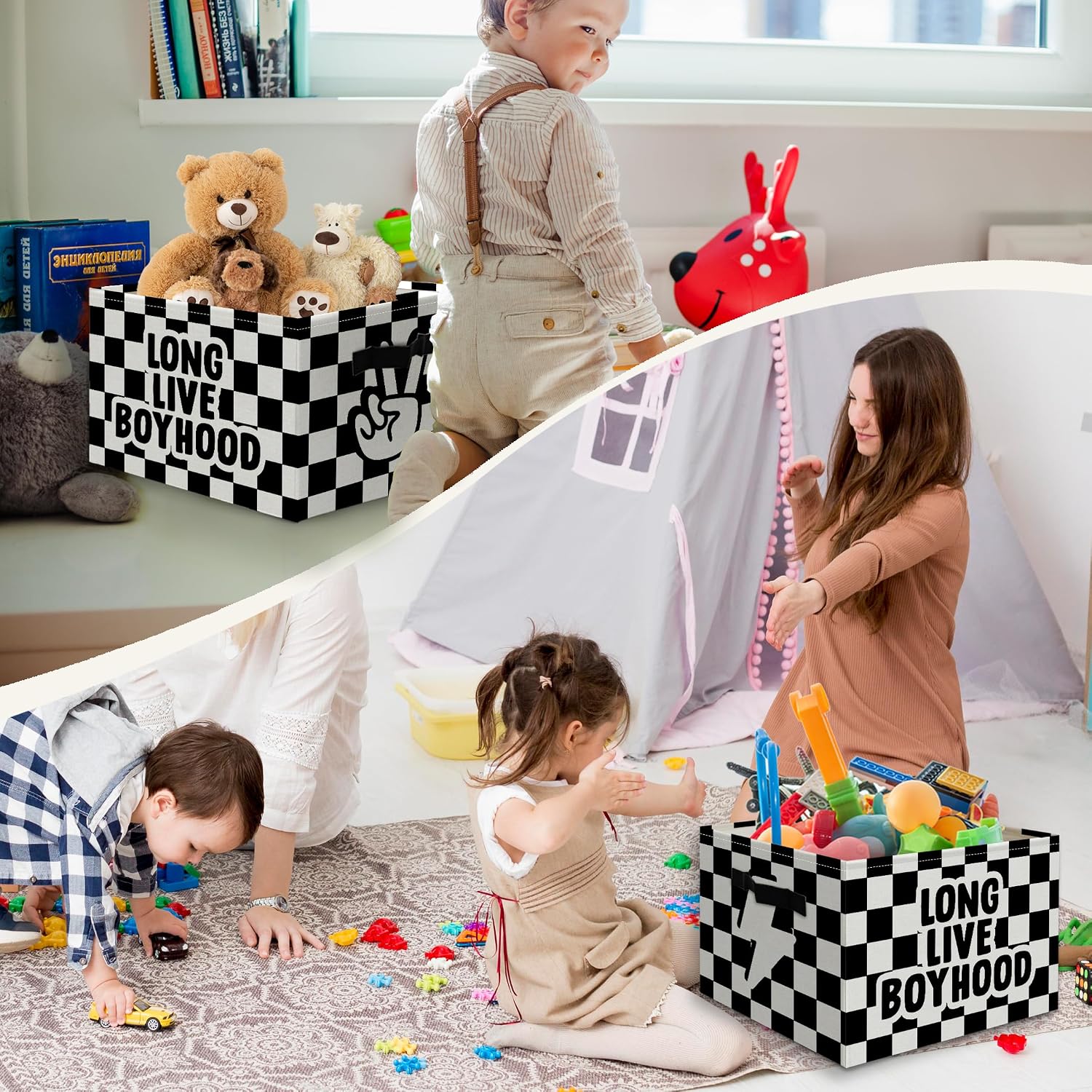 Long Live Boyhood Foldable Storage Bins Box with Handles, Black and White Checkered Collapsible Organizer Basket for Kids Boys Bedroom Bathroom Nursery Playroom Clothes Toys Books image 3