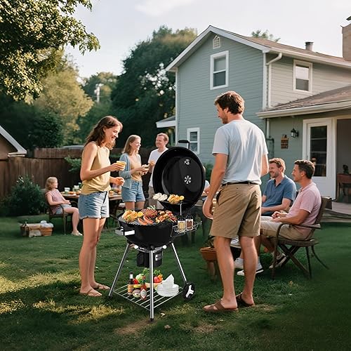 Miniatura 2 de Parrilla de carbón portátil de 22.5 pulgadas, ahumador de barbacoa resistente con termómetro integrado y atrapador de cenizas extraíble enjuagable