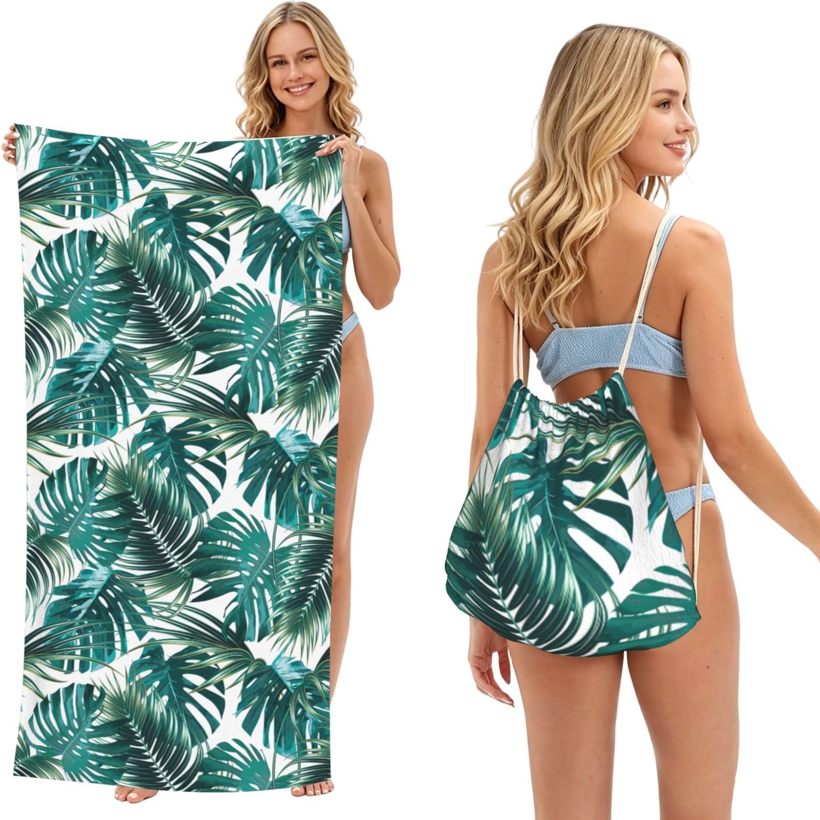 Poadnly As Picture Tropical Jungle Palm Leaf, 2 In 1 Packable Towel Bag, Beach Towels With Drawstring Backpack For Travel Holiday Camping